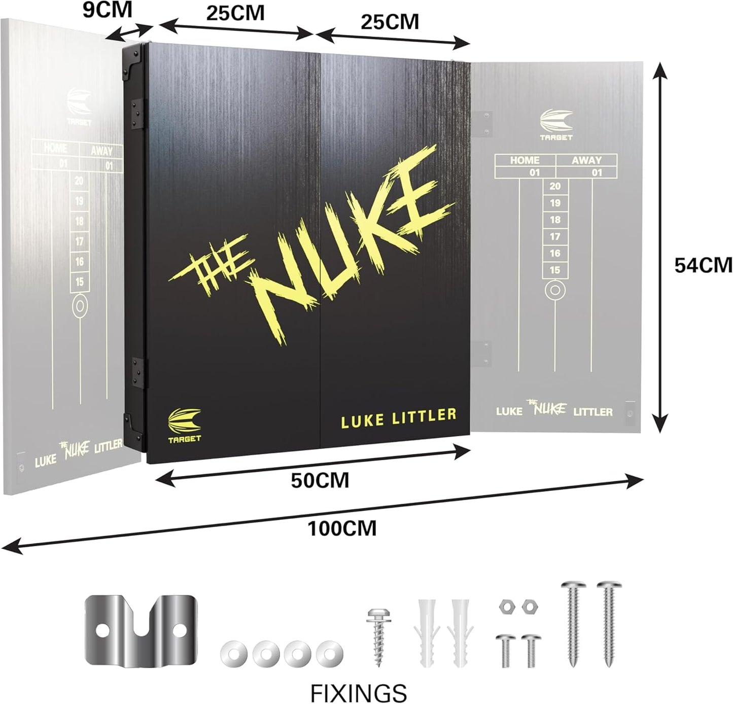 Target Darts Player Dartboard and Cabinet Set | Luke Littler/Dimitri Van den Bergh/Gabriel Clemens | Dart Board Cupboard with 2 Sets of Steel Tip Darts, Score Charts, Competition Standard Throw Line