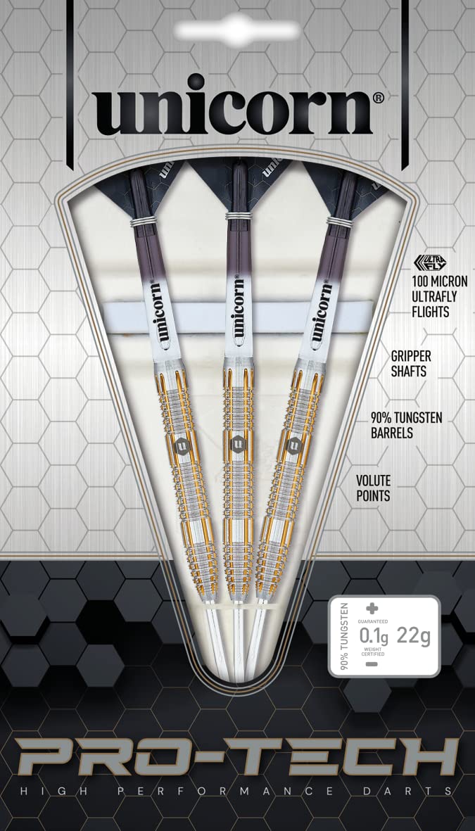 Unicorn Steel Tip Darts Set | Pro-Tech Style 1 | 90% Natural Tungsten Barrels with Golden Accents & Volute Points | 24 g