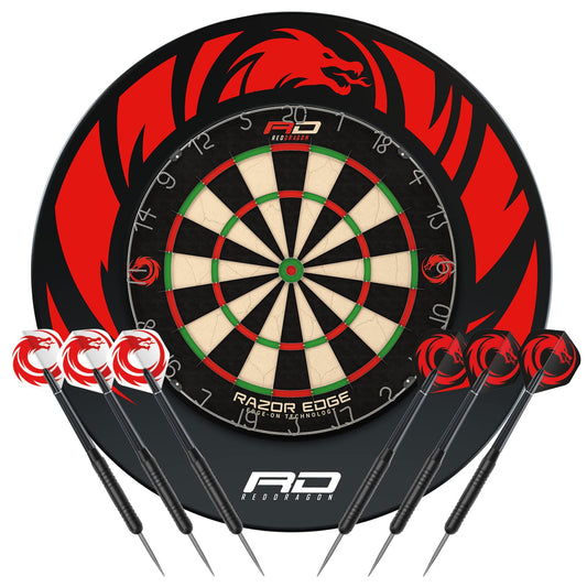 Red Dragon Professional Dartboard Sets - Tournament Standard quality and Durable Surround with 2x Sets Steel Tip Darts