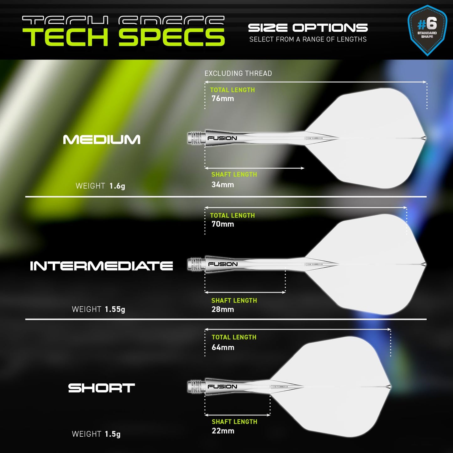 WINMAU Darts Fusion Integrated Flight & Shaft System - No.6 Shape and Design - Available in Short, Intermediate & Medium - Black, Yellow and Clear