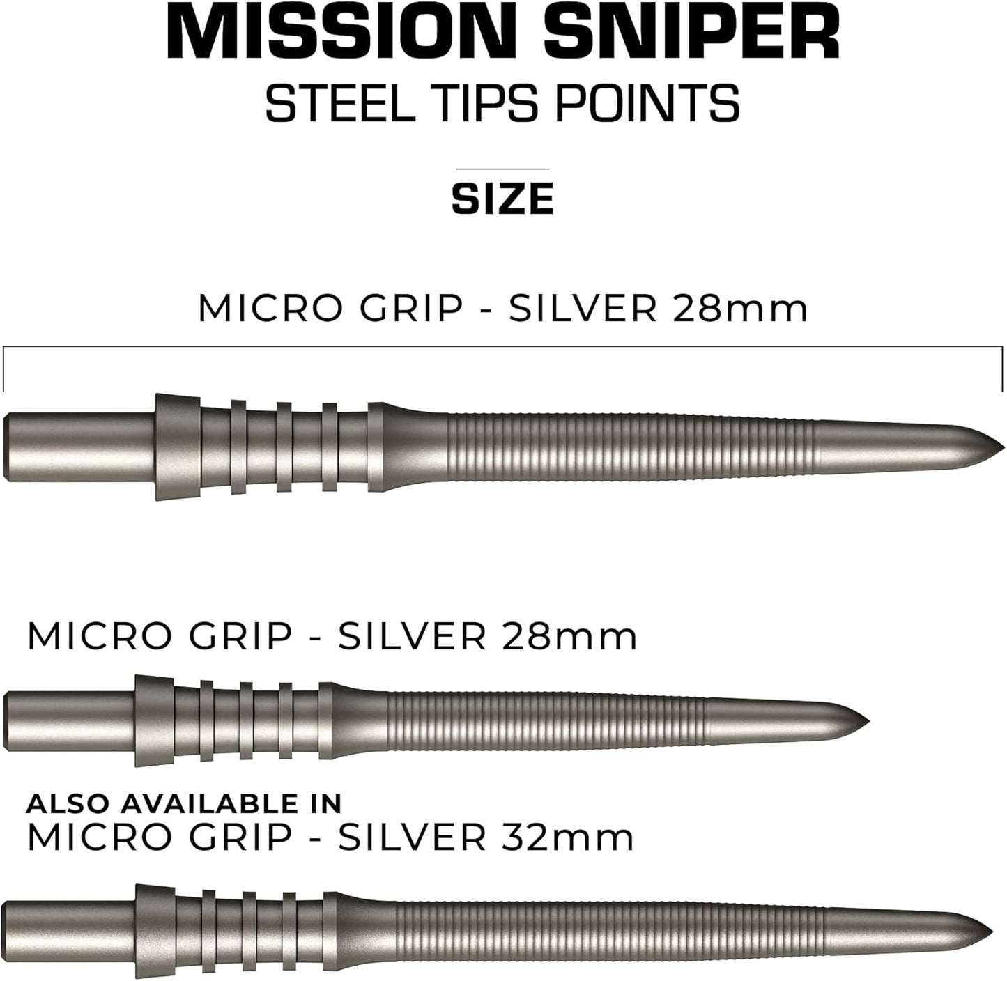 Mission Darts Sniper Points Micro Grip | Steel Tip Replacement Points | 28mm Silver