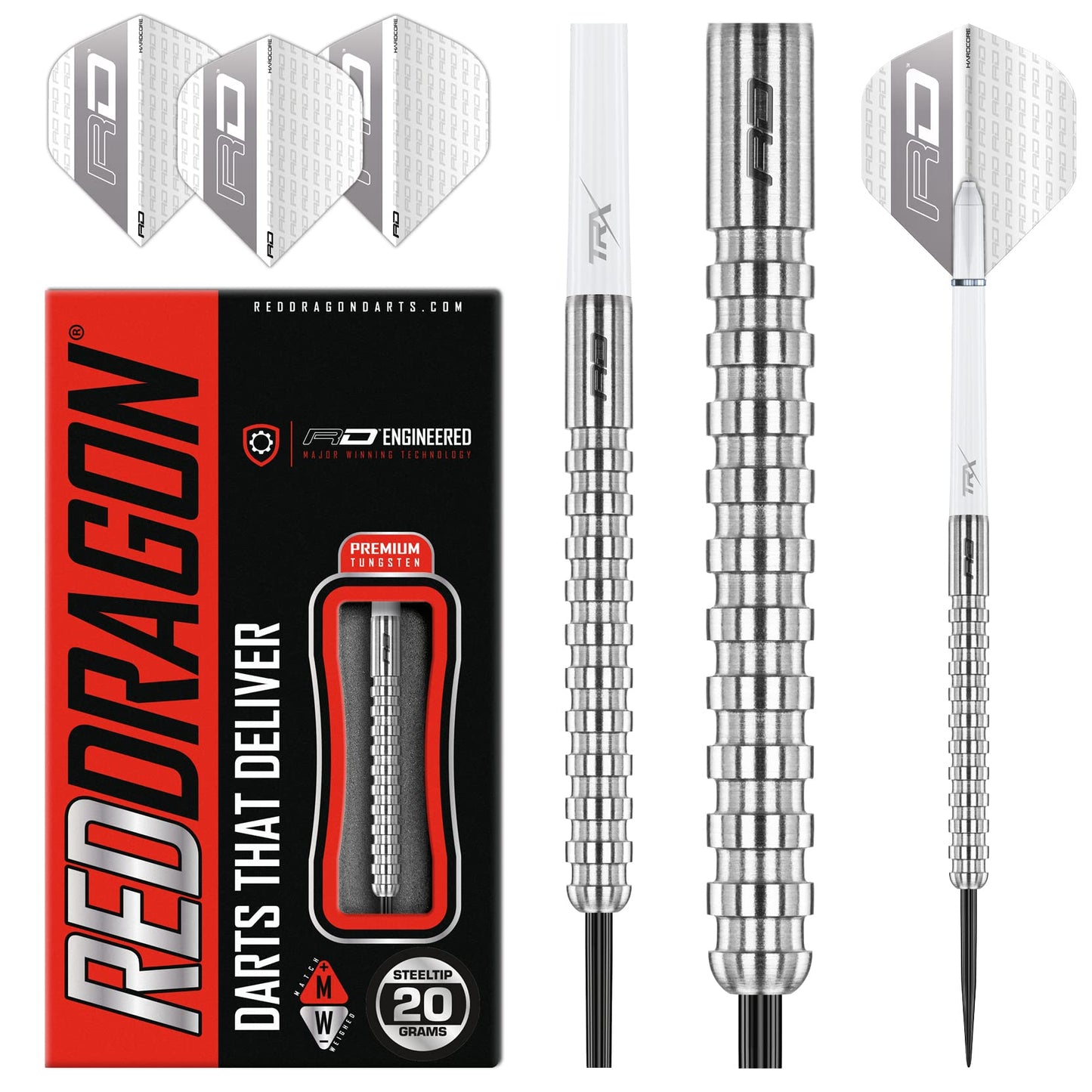 RED DRAGON Javelin Original Tungsten Darts Set with Dart Flights and Dart Shafts (Stems) - Available in 20g, 22g, 24g, 26g