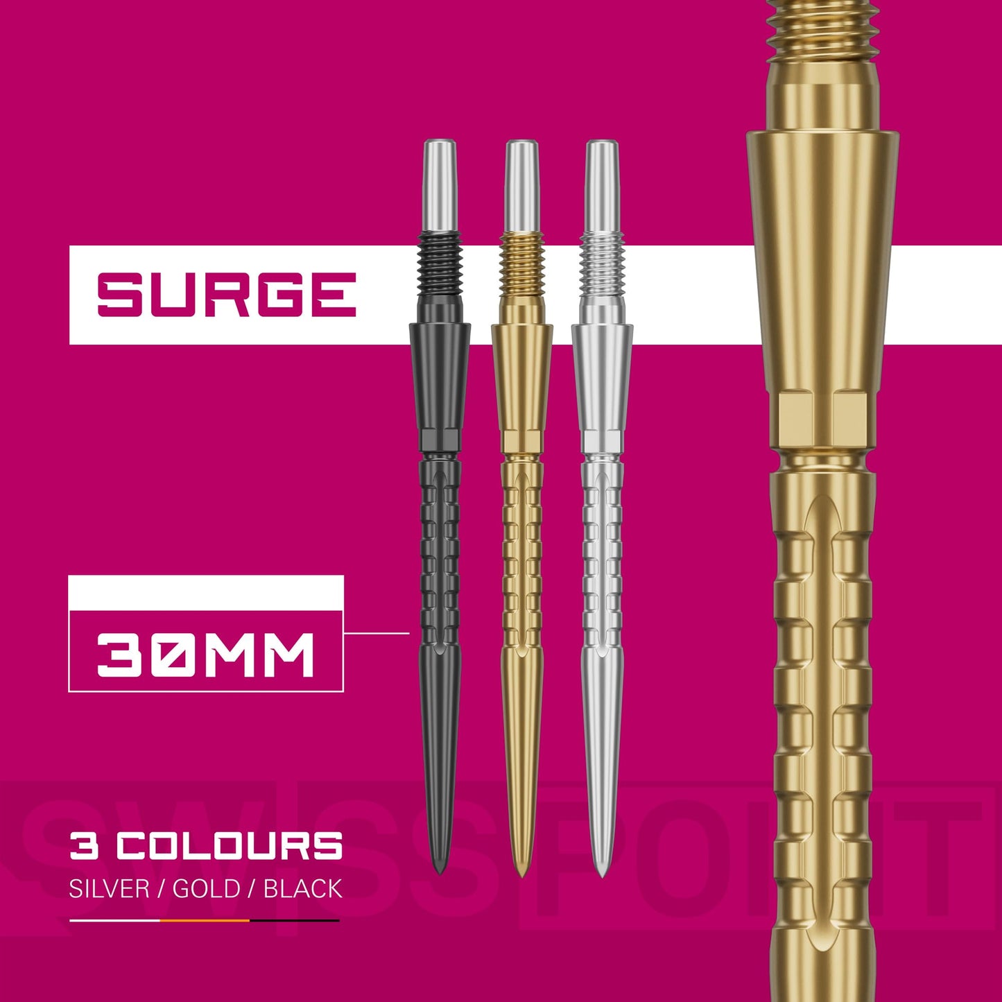 TARGET Darts Swiss Point Storm Dart Points, Surge (3 Pack Set of Tips) 26MM/30MM/35MM – Gold/Silver/Black | Change Dart Points, Swiss Storm Points, Professional Darts Accessories