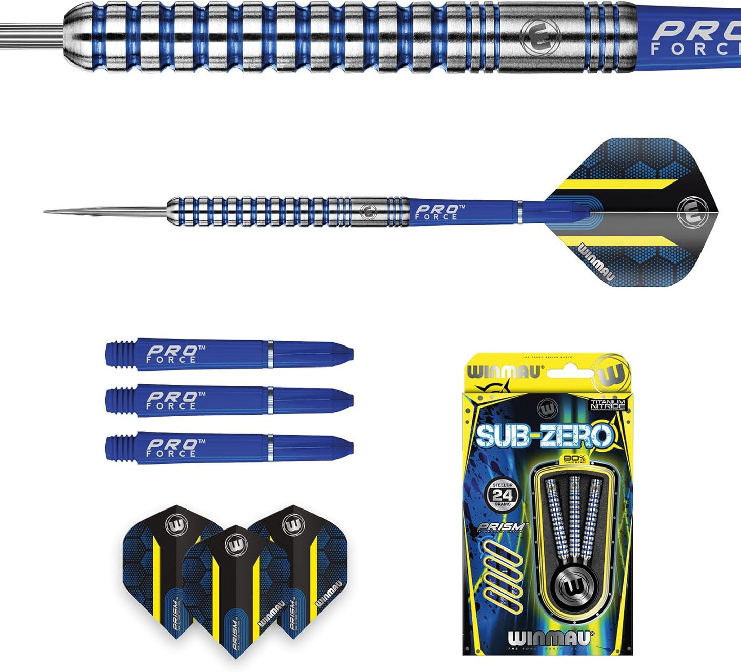 WINMAU Darts Sub-Zero 24g Professional Steeltip Tungsten Darts Set with Flights and Shafts (Dart Stems)