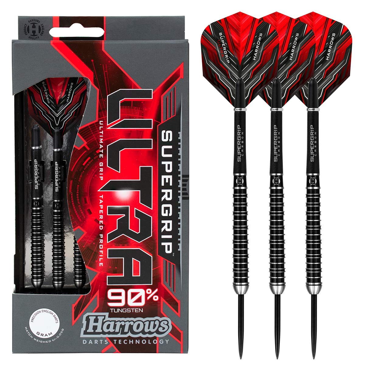 Harrows SUPERGRIP ULTRA 90% Tungsten Steel Tip Darts Set. Available in 21g, 22g, 23g, 24g, 25g, 26g, 28g & 30g - Includes Supergrip Carbon Shafts, Supergrip Flights & Travel Case