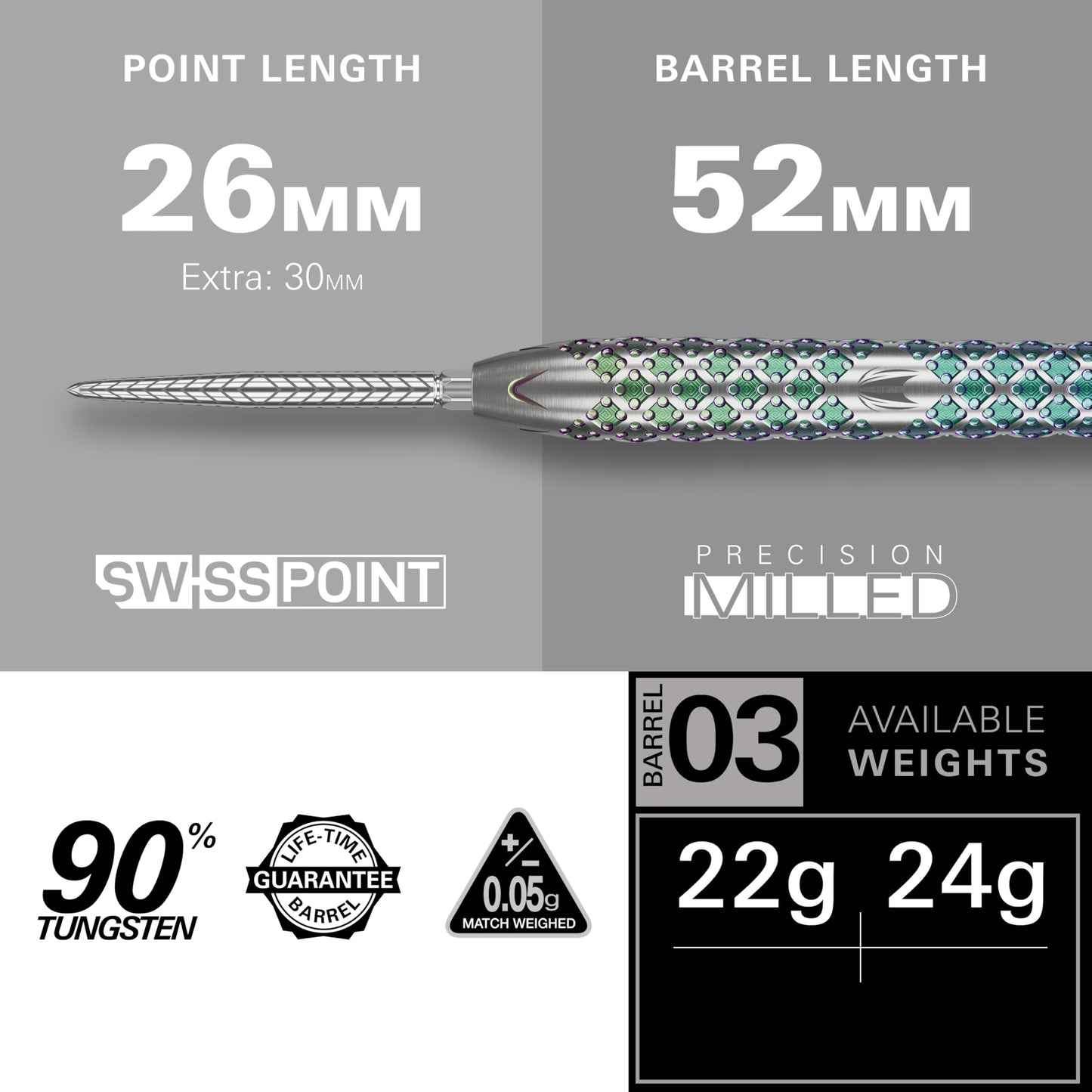 TARGET Darts Rove Steel Tip Swiss Point Darts, 90% Tungsten Dart Set | Steel Tip Dart, Green & Silver Darts, Professional Dart Set with Swiss Points & Tool | Barrel 01/02/03 –22G/23G/24G/25G