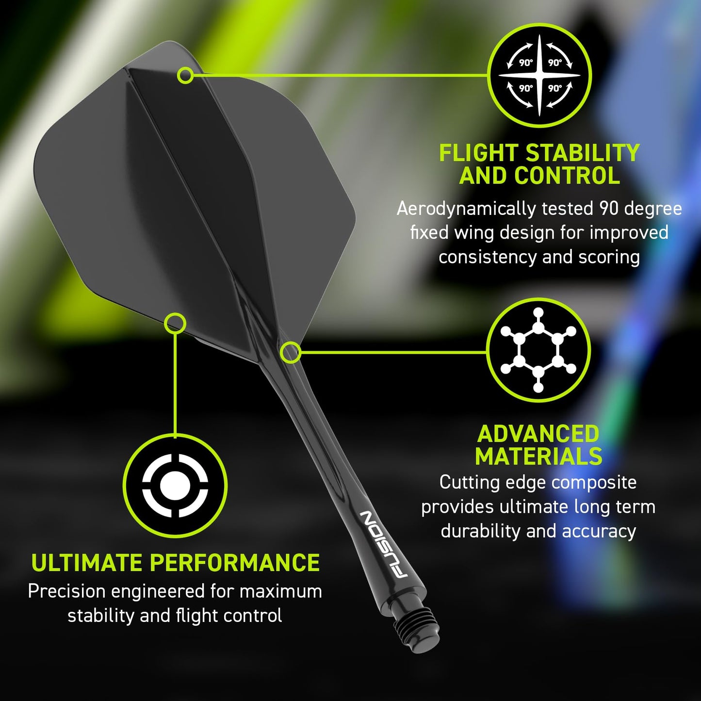 WINMAU Darts Fusion Integrated Flight & Shaft System - No.6 Shape and Design - Available in Short, Intermediate & Medium - Black, Yellow and Clear
