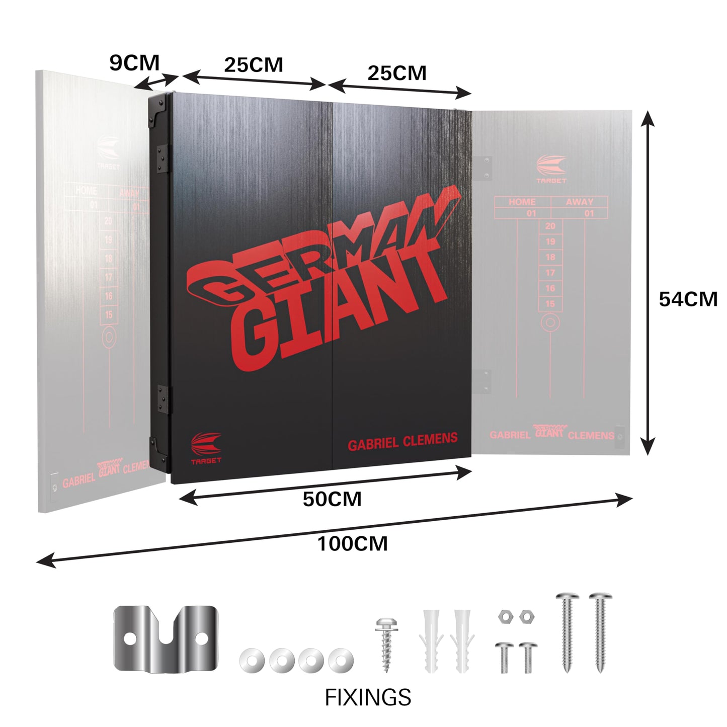 Target Darts Player Dartboard and Cabinet Set | Luke Littler/Dimitri Van den Bergh/Gabriel Clemens | Dart Board Cupboard with 2 Sets of Steel Tip Darts, Score Charts, Competition Standard Throw Line