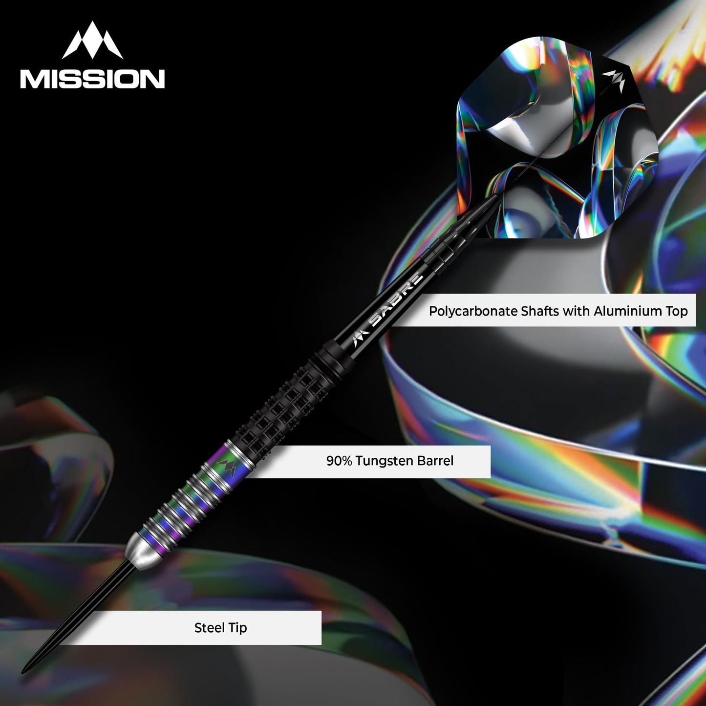 Mission | Iridian Darts | Steel Tip Darts Set | 90% Tungsten Barrel | Black & Coral PVD | Includes Dart Flights and Stems | Available in Multiple Weights.