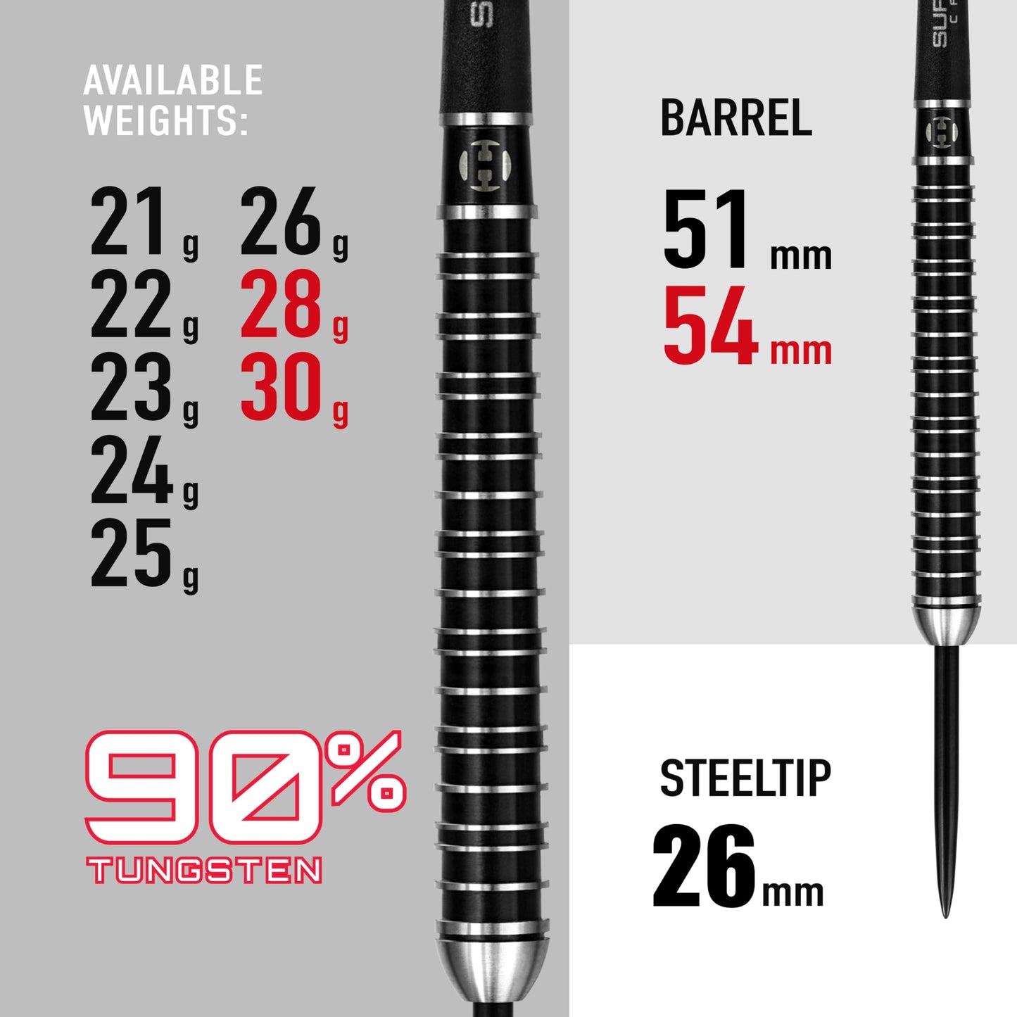 Harrows SUPERGRIP ULTRA 90% Tungsten Steel Tip Darts Set. Available in 21g, 22g, 23g, 24g, 25g, 26g, 28g & 30g - Includes Supergrip Carbon Shafts, Supergrip Flights & Travel Case