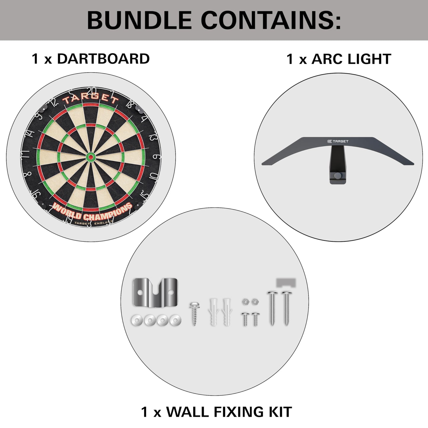 Target Darts World Championship Dartboard Set Bundle | Arc Dart Boards Light System, Full Length Darts Oche Mat, Dart Board Surround (Black or Red Option) | 5 Bundle Options