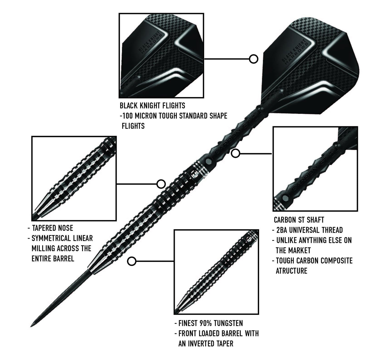 Harrows Black Knight 90% Tungsten Steel Tip Darts Set, 21g - 26g - Includes Black Carbon ST Midi Shafts & Micron Black Knight Flights
