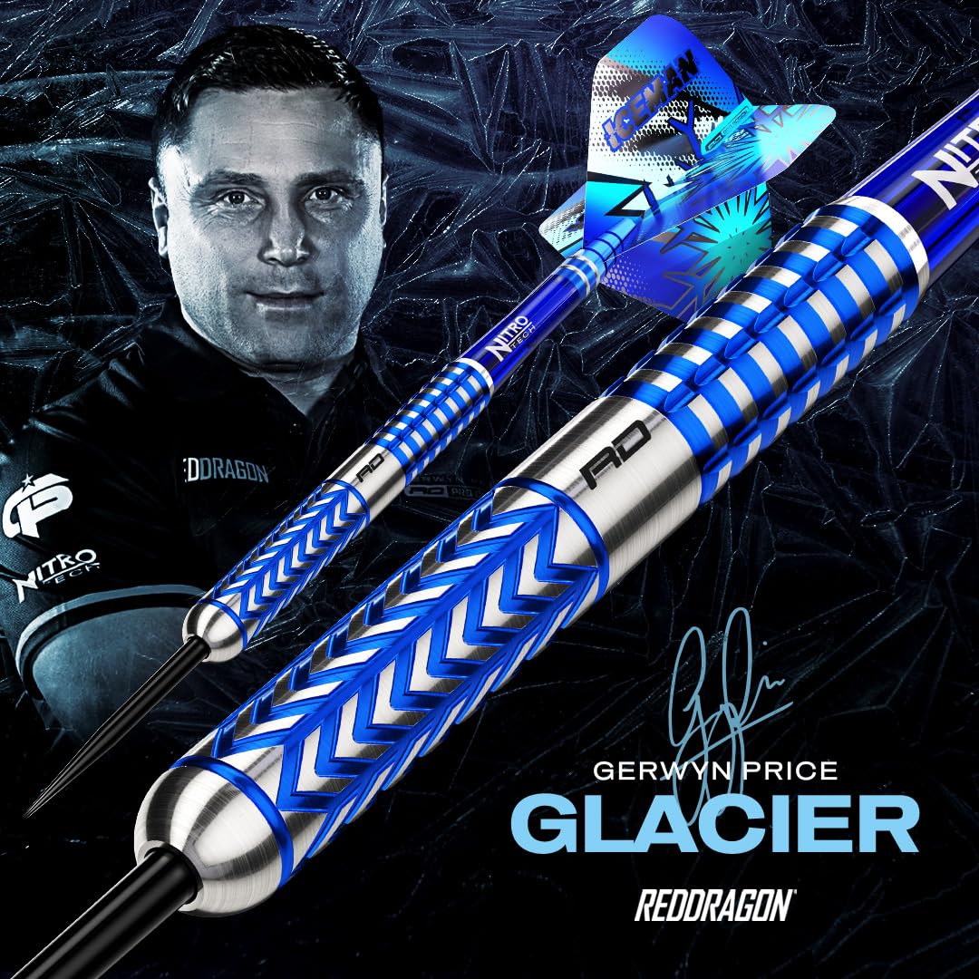 RED DRAGON Darts – Professional Player Gerwyn Price Iceman Glacier Series - 90% Tungsten Darts Set with Dart Flights and Dart Shafts (Stems) - Available in Soft Tip 18g and Steel Tip 22g, 24g & 26g