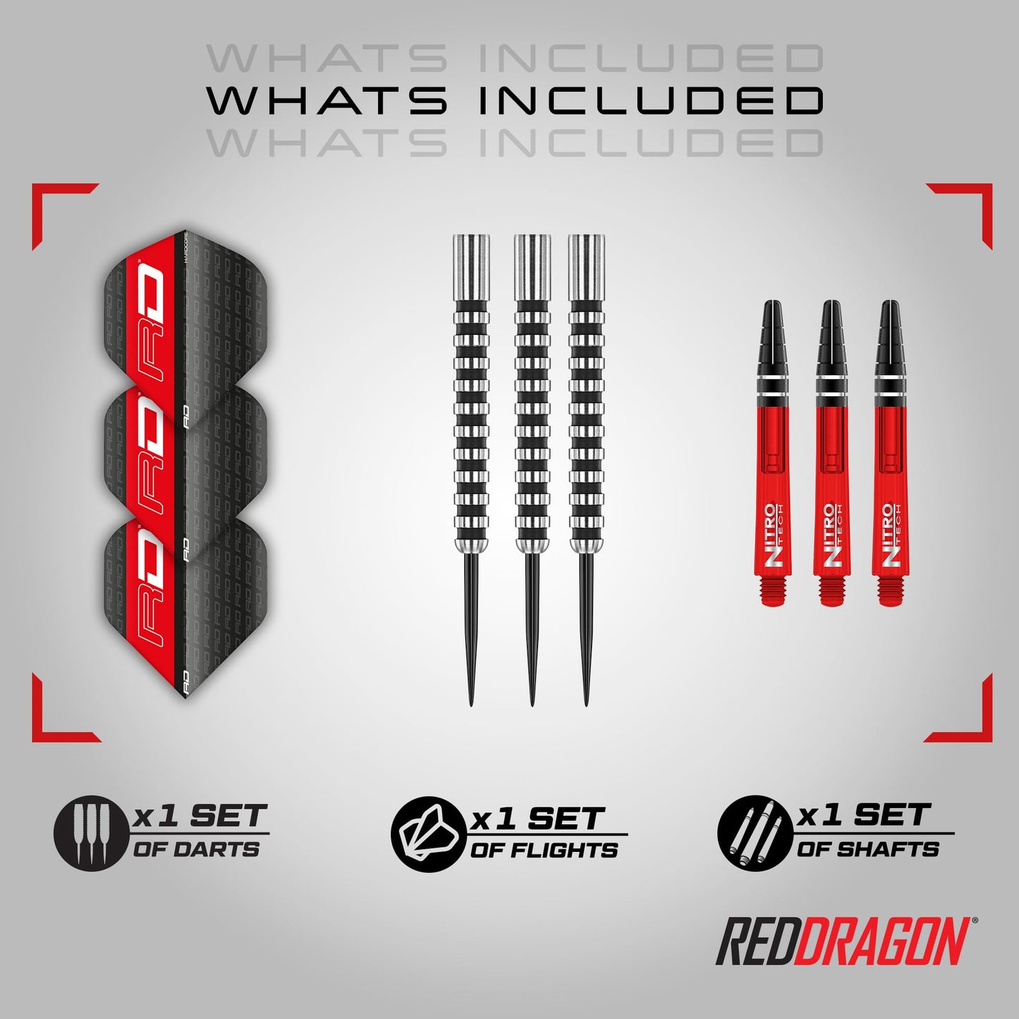 RED DRAGON Javelin Black 20g, 22g, 24g and 26g Tungsten Darts Set with Dart Flights and Dart Shafts (Stems)