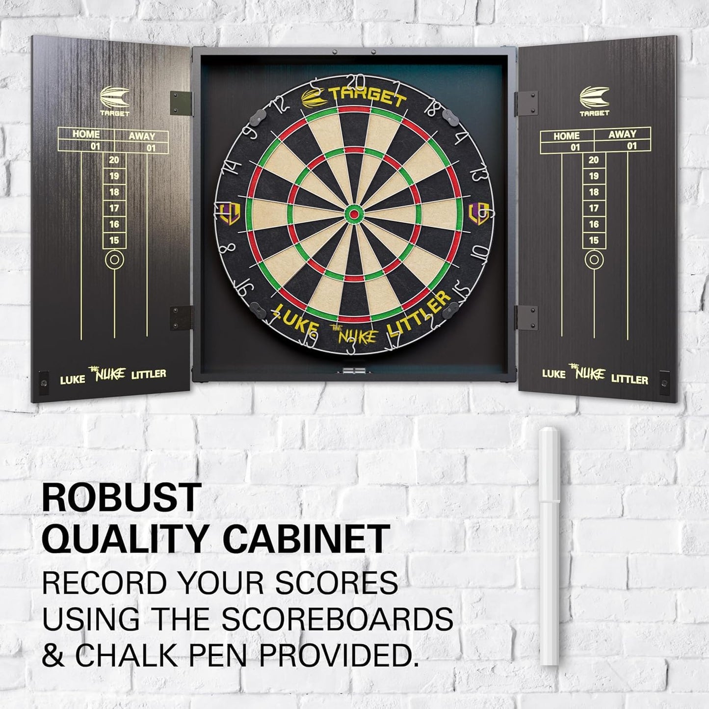 Target Darts Player Dartboard and Cabinet Set | Luke Littler/Dimitri Van den Bergh/Gabriel Clemens | Dart Board Cupboard with 2 Sets of Steel Tip Darts, Score Charts, Competition Standard Throw Line