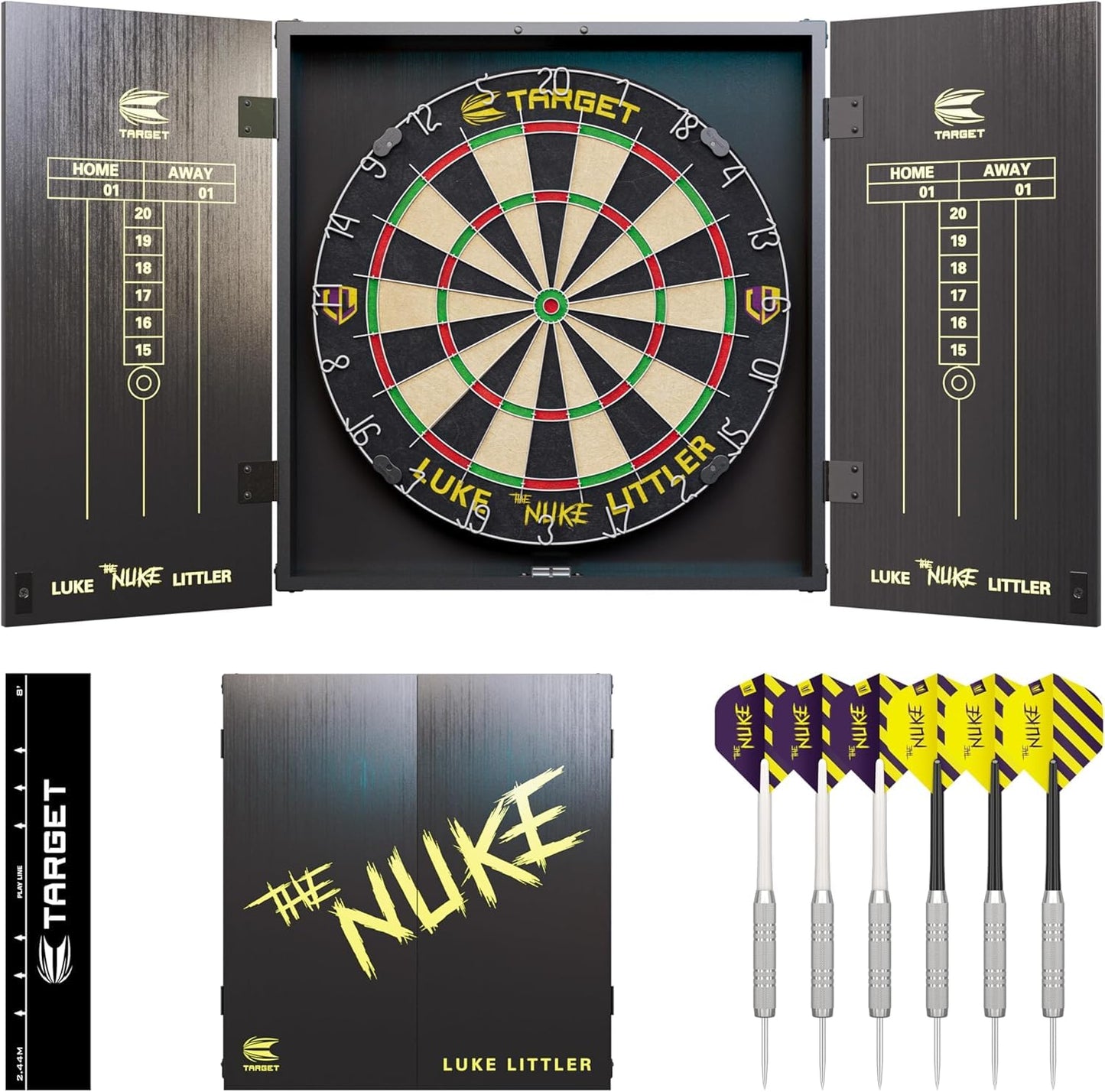 Target Darts Player Dartboard and Cabinet Set | Luke Littler/Dimitri Van den Bergh/Gabriel Clemens | Dart Board Cupboard with 2 Sets of Steel Tip Darts, Score Charts, Competition Standard Throw Line