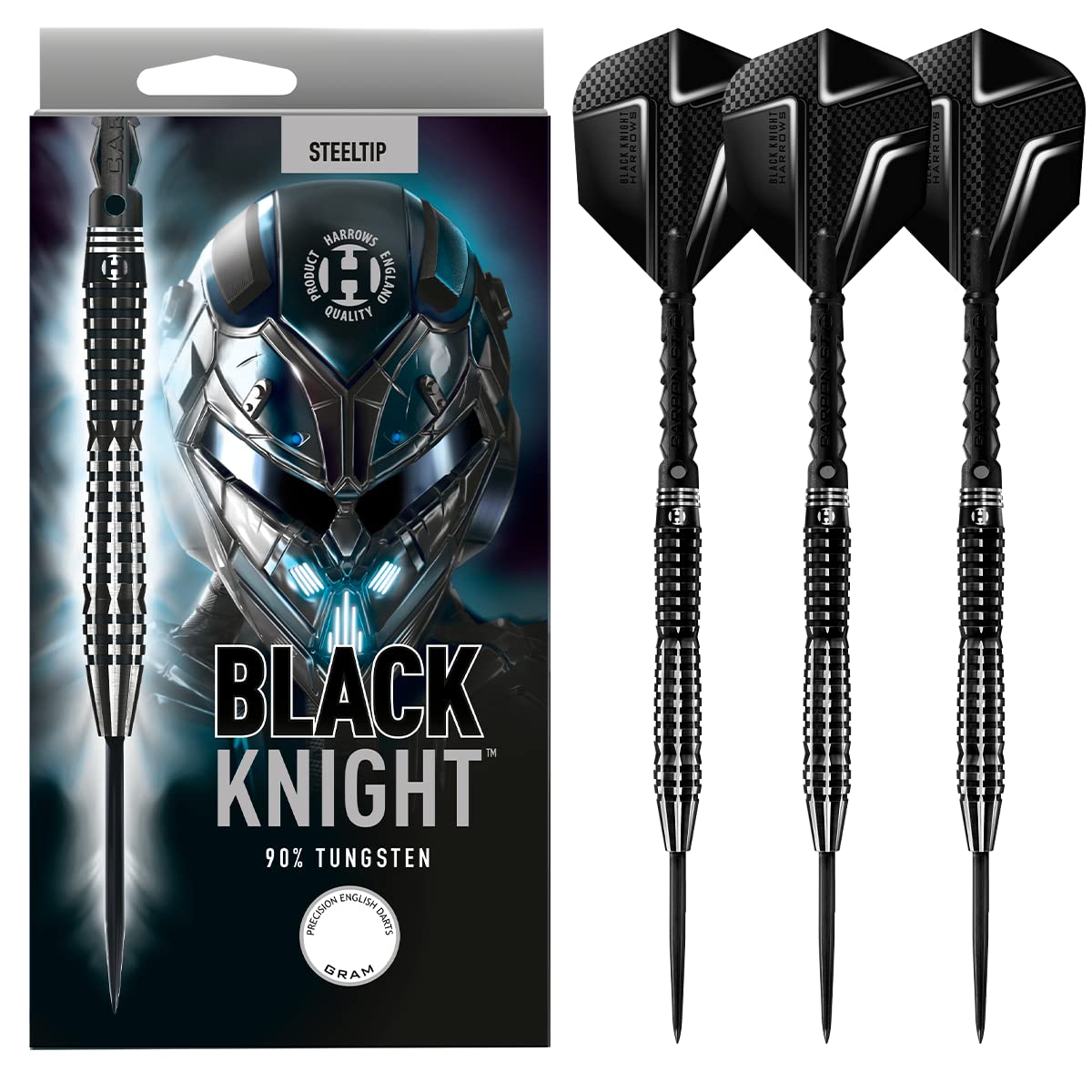 Harrows Black Knight 90% Tungsten Steel Tip Darts Set, 21g - 26g - Includes Black Carbon ST Midi Shafts & Micron Black Knight Flights