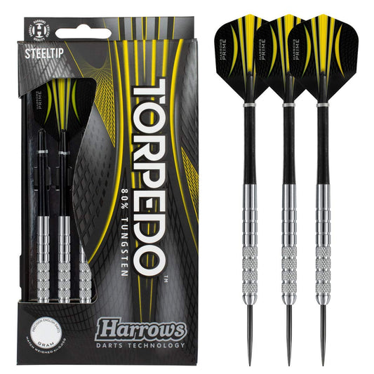 Harrows Torpedo 80% Tungsten Steel Tip Dart Set 22g, 23g, 24g & 25g - Includes Nylon Shafts, Marathon Flights & Travel Case
