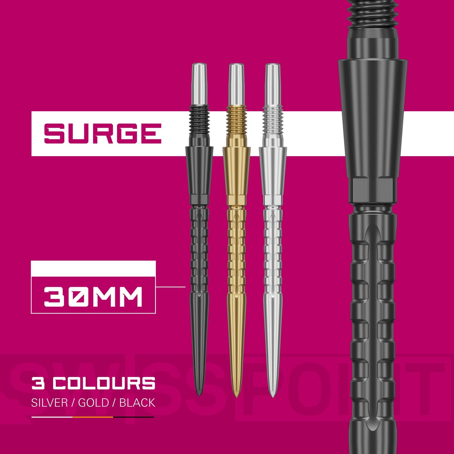 TARGET Darts Swiss Point Storm Dart Points, Surge (3 Pack Set of Tips) 26MM/30MM/35MM – Gold/Silver/Black | Change Dart Points, Swiss Storm Points, Professional Darts Accessories