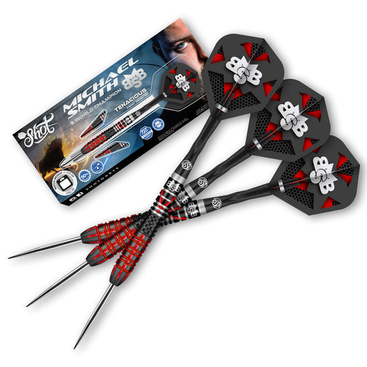 Shot! Steel Darts Michael Smith Bully Boy Tenacious 90% Tungsten Steeltip Darts High Quality Tungsten Darts Set with Shafts and Flights Made in New Zealand