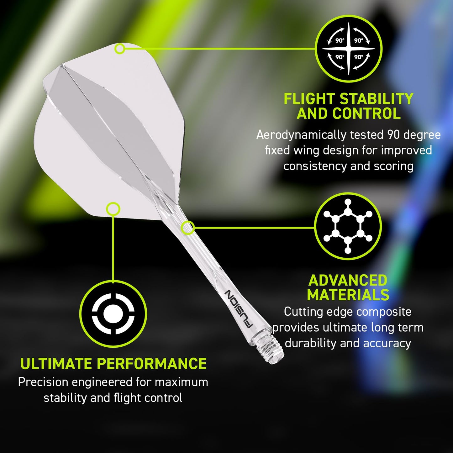 WINMAU Darts Fusion Integrated Flight & Shaft System - No.6 Shape and Design - Available in Short, Intermediate & Medium - Black, Yellow and Clear