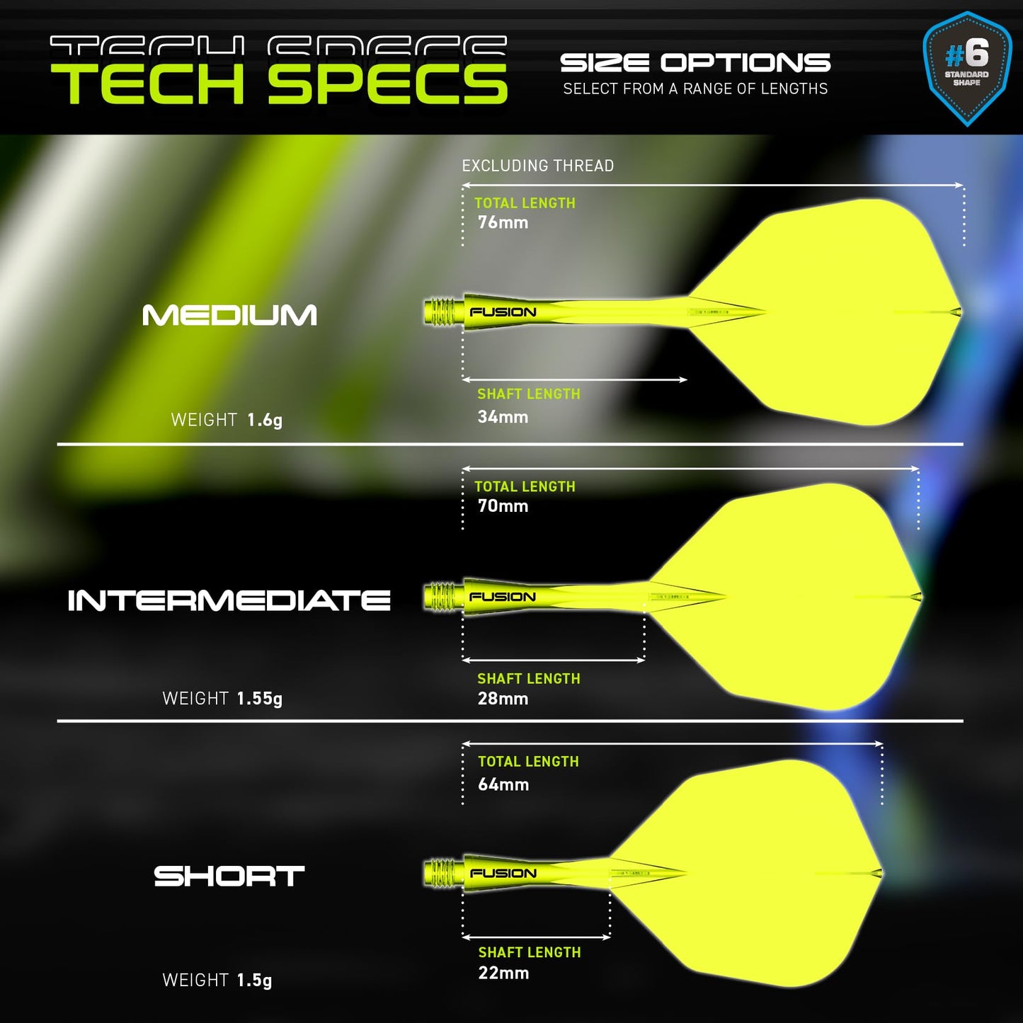 WINMAU Darts Fusion Integrated Flight & Shaft System - No.6 Shape and Design - Available in Short, Intermediate & Medium - Black, Yellow and Clear