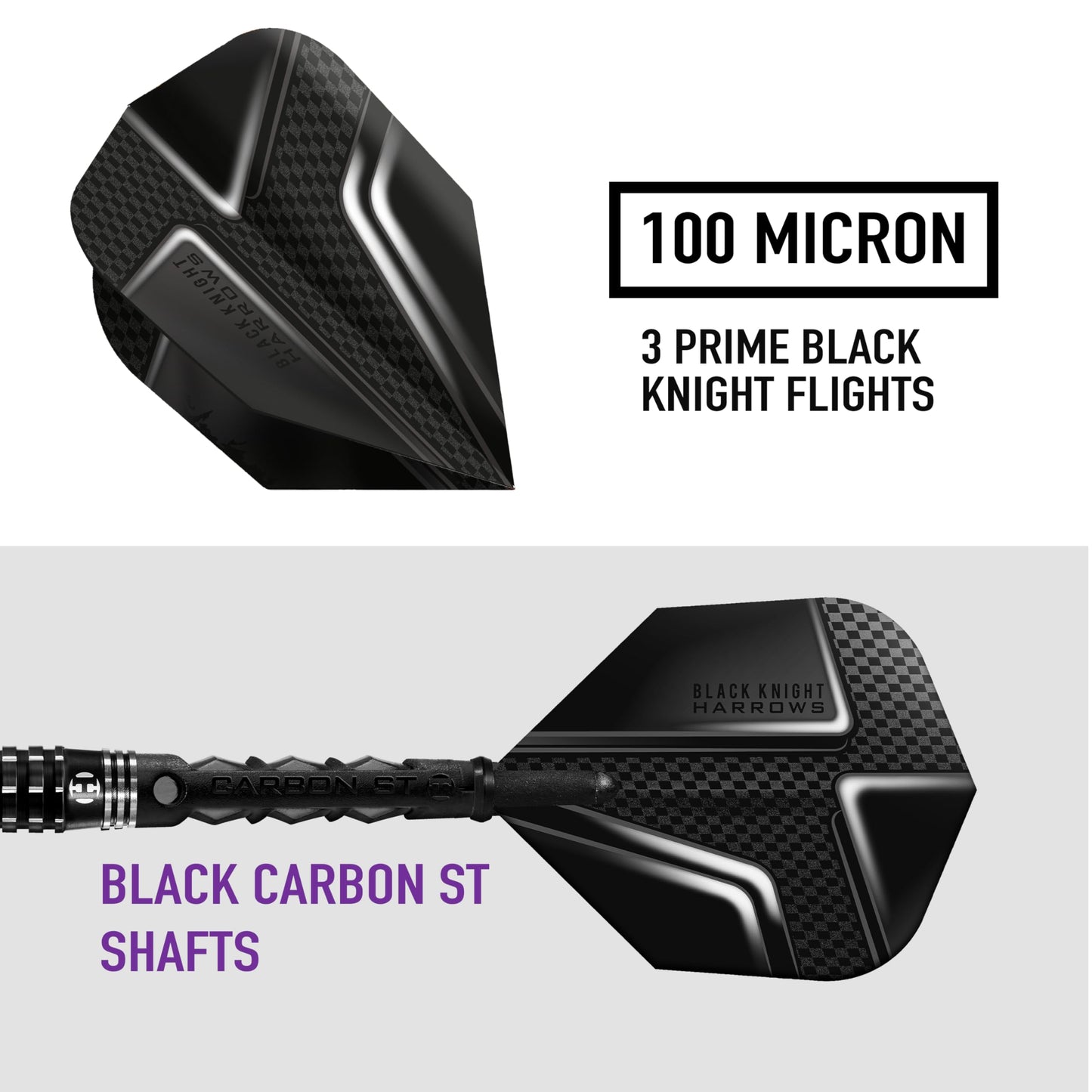 Harrows Black Knight 90% Tungsten Steel Tip Darts Set, 21g - 26g - Includes Black Carbon ST Midi Shafts & Micron Black Knight Flights