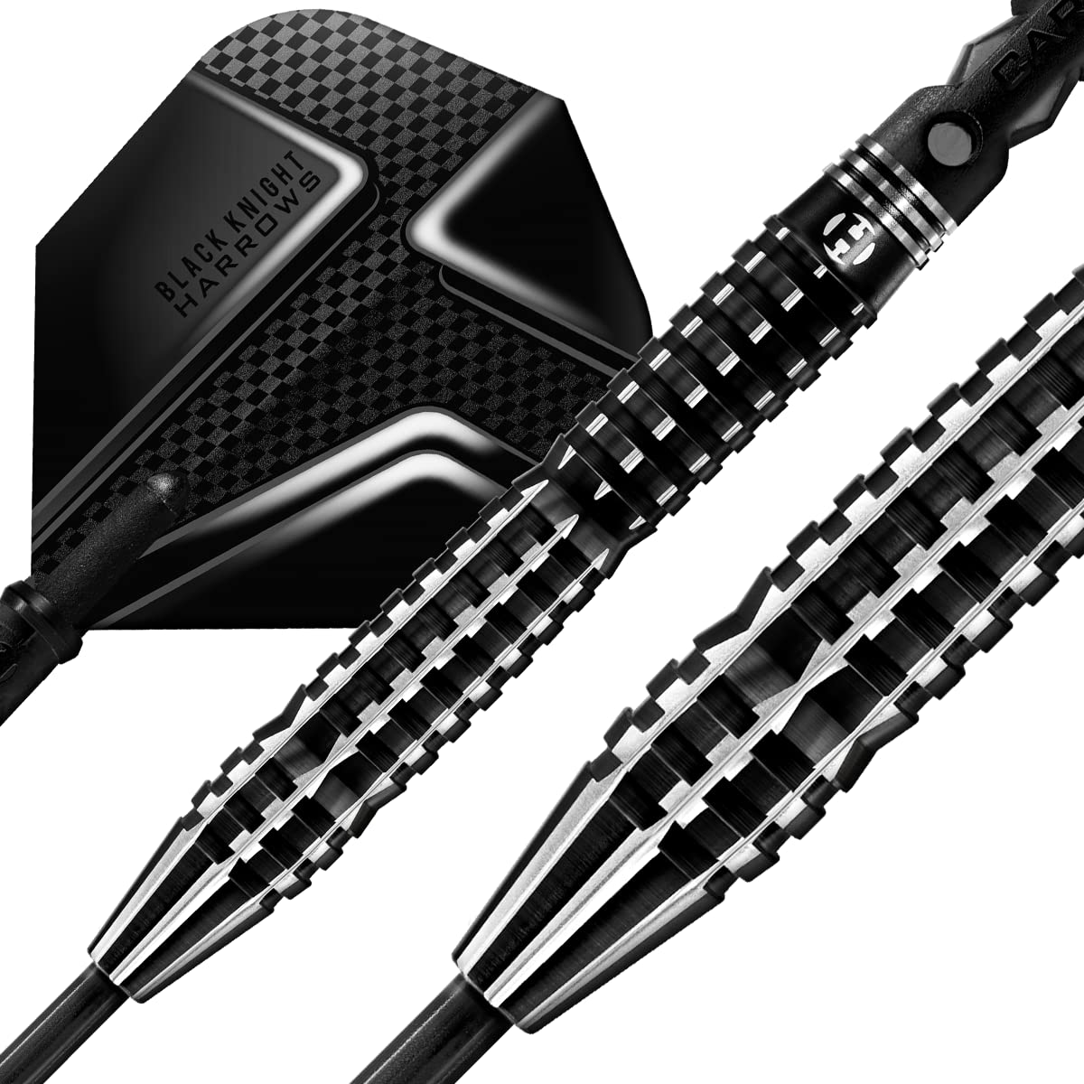 Harrows Black Knight 90% Tungsten Steel Tip Darts Set, 21g - 26g - Includes Black Carbon ST Midi Shafts & Micron Black Knight Flights
