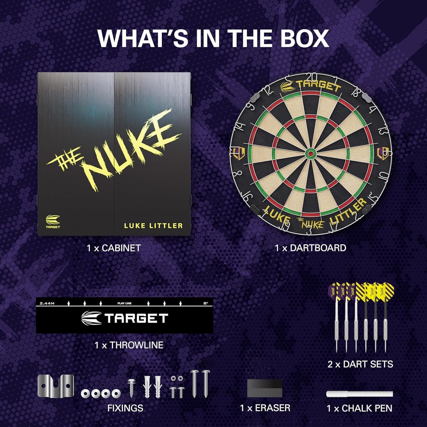 Target Darts Player Dartboard and Cabinet Set | Luke Littler/Dimitri Van den Bergh/Gabriel Clemens | Dart Board Cupboard with 2 Sets of Steel Tip Darts, Score Charts, Competition Standard Throw Line