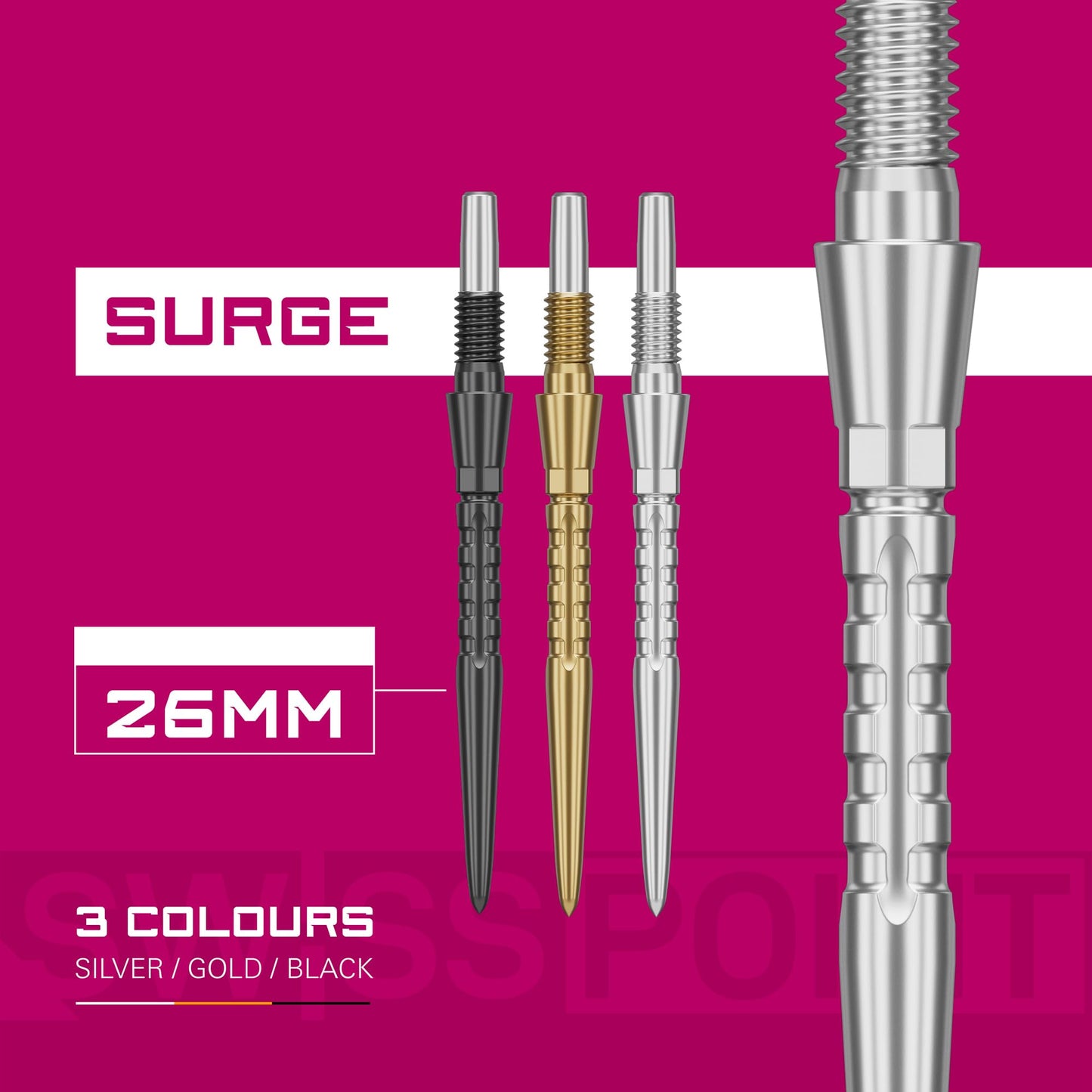 TARGET Darts Swiss Point Storm Dart Points, Surge (3 Pack Set of Tips) 26MM/30MM/35MM – Gold/Silver/Black | Change Dart Points, Swiss Storm Points, Professional Darts Accessories