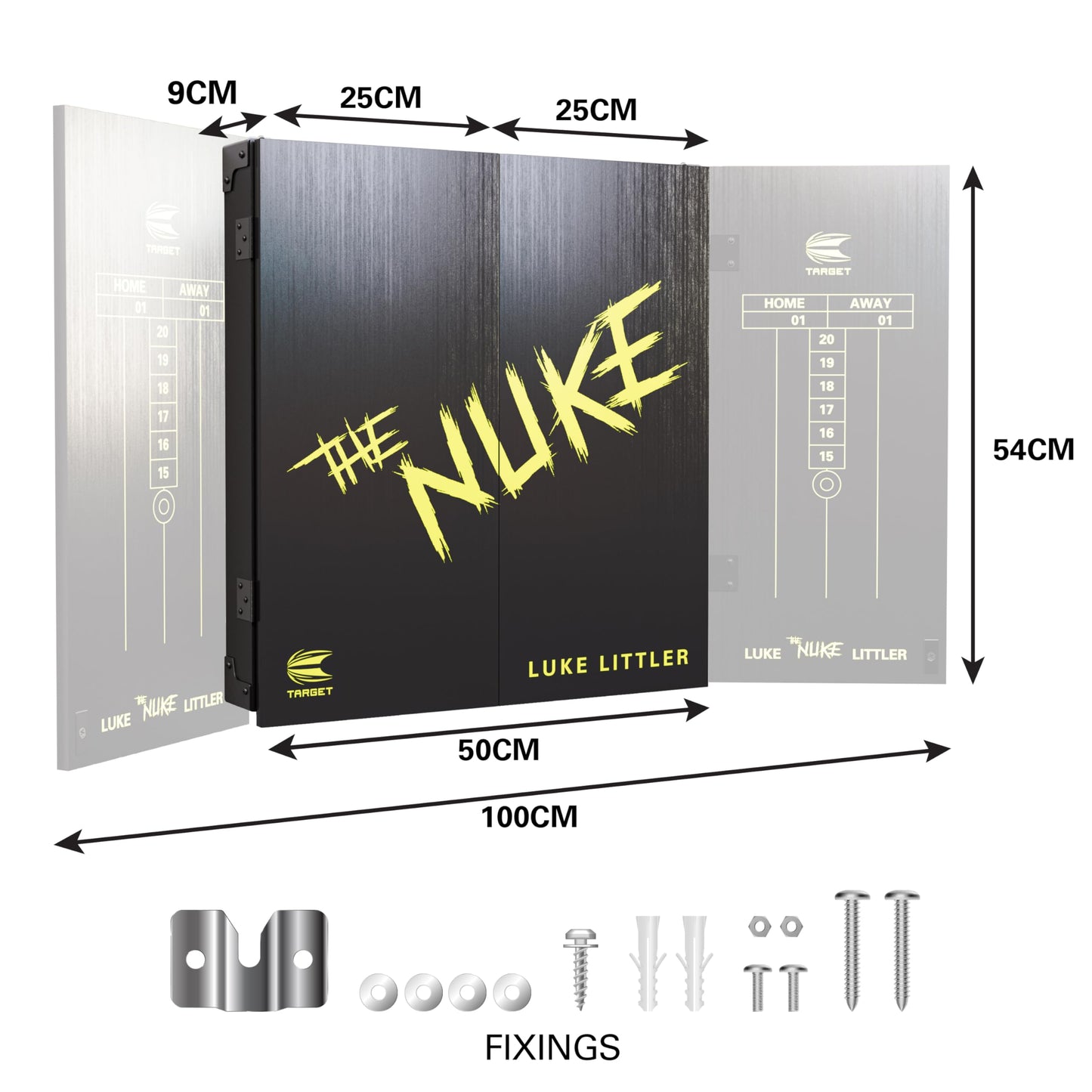 Target Darts Player Dartboard and Cabinet Set | Luke Littler/Dimitri Van den Bergh/Gabriel Clemens | Dart Board Cupboard with 2 Sets of Steel Tip Darts, Score Charts, Competition Standard Throw Line