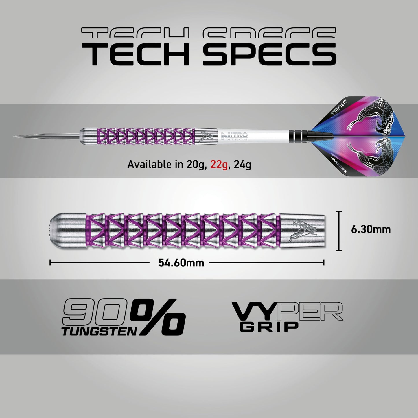RED DRAGON Peter Wright Snakebite Vyper: 20g, 22g or 24g Tungsten Darts Set with Flights and Stems