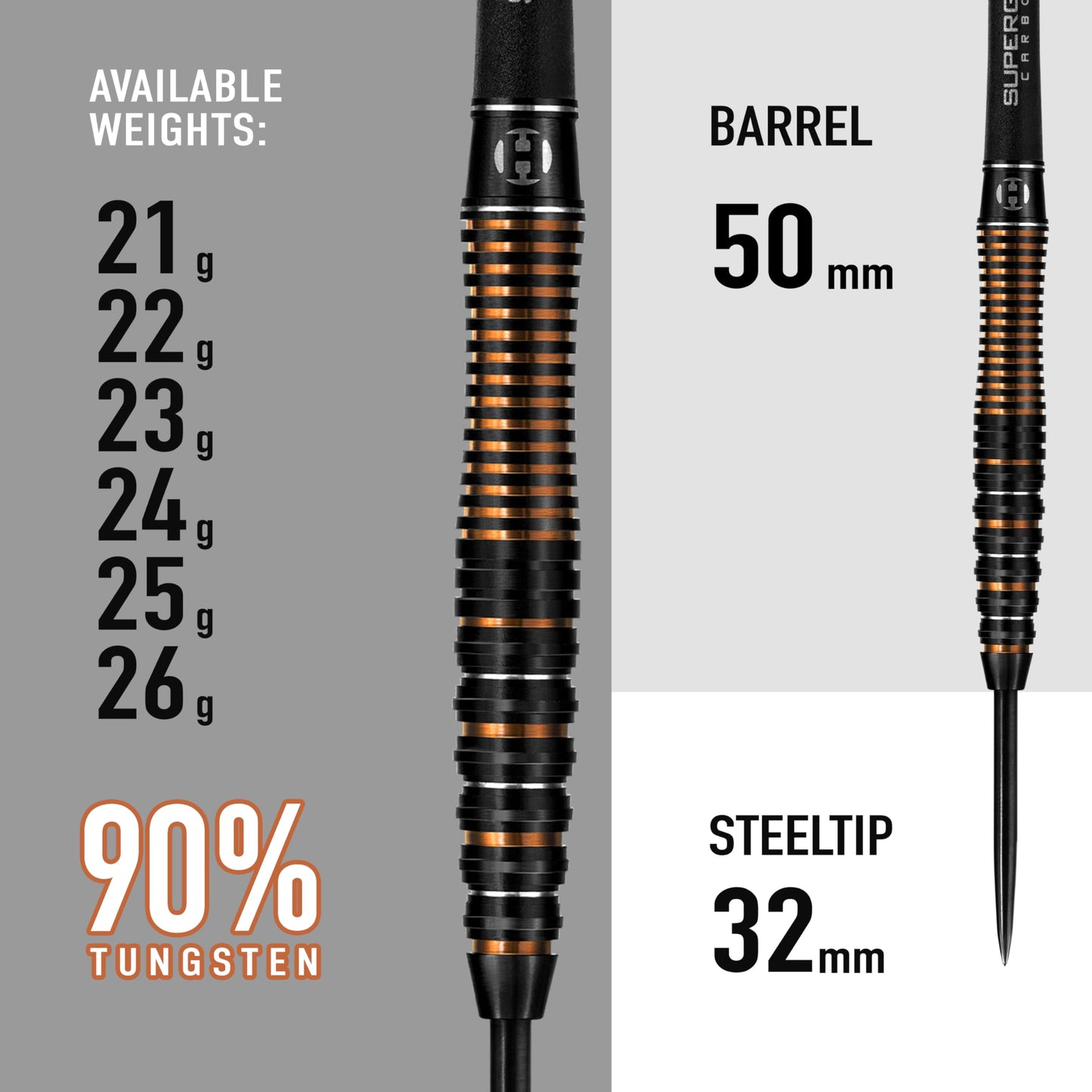 Harrows Noble 90% Tungsten Steel Tip Darts Set 22g, 23g, 24g & 25g - Includes Silver Supergrip Carbon Shafts & Micron Noble Flights