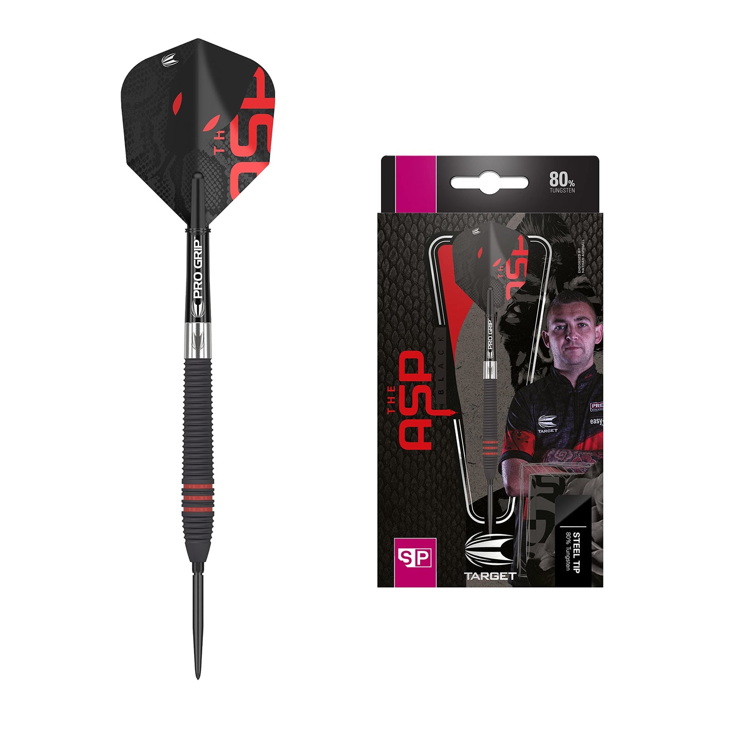 TARGET Darts Nathan Aspinall The Asp Black 80% Tungsten Swiss Point Steel Tip Darts Set