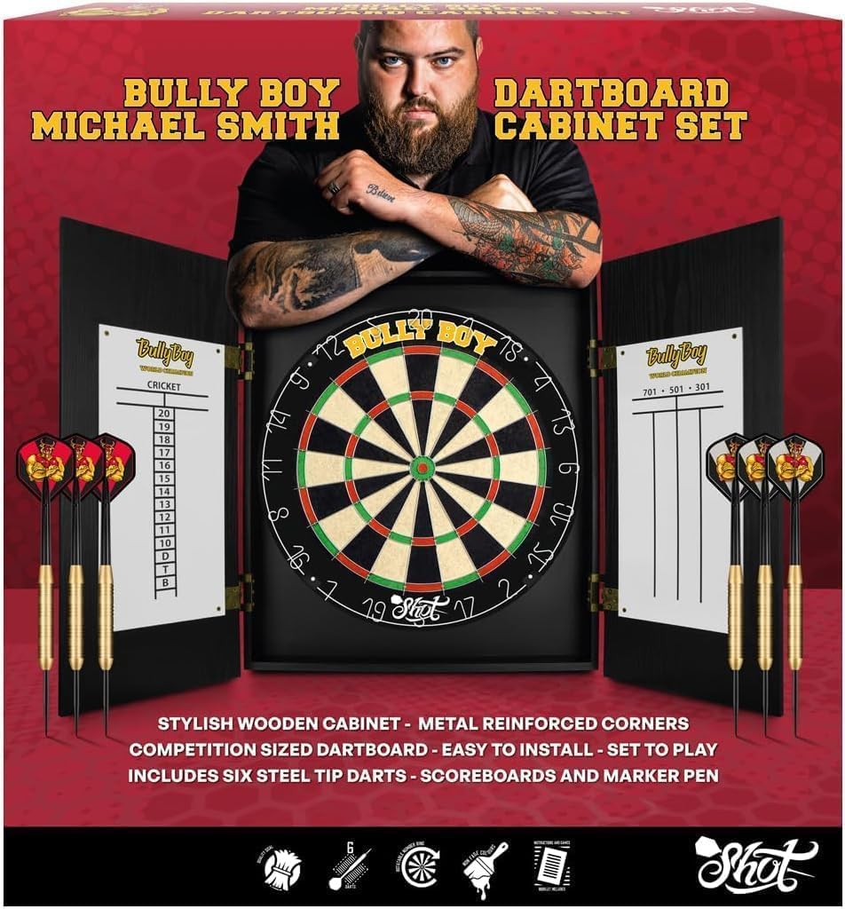 Shot Michael Smith Bully Boy World Champion Dartboard Cabinet Set Home Centre with Steel tip Darts