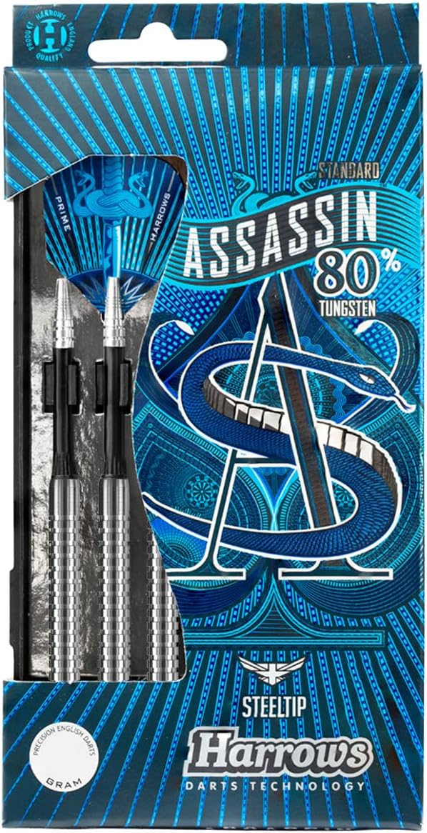 Harrows Assassin Tungsten Pro Darts | Steel Tip Darts set with carry case | All Weights| Includes Nylon Shafts, 100 Micron Prime Flights and Travel Case (20g)