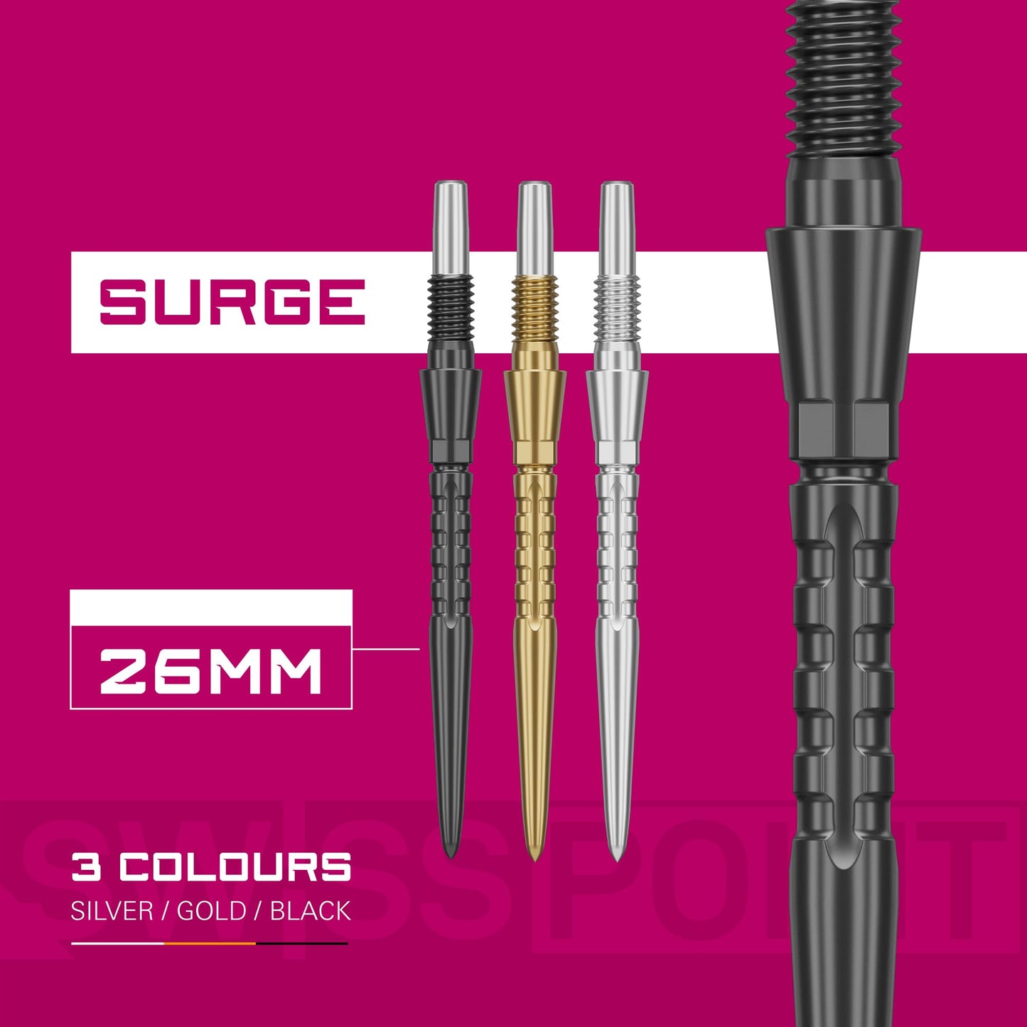 TARGET Darts Swiss Point Storm Dart Points, Surge (3 Pack Set of Tips) 26MM/30MM/35MM – Gold/Silver/Black | Change Dart Points, Swiss Storm Points, Professional Darts Accessories