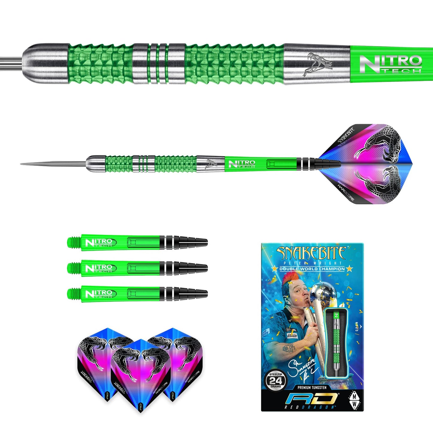 RED DRAGON Peter Wright Snakebite Mamba: 22g or 24g Tungsten Darts Set with Flights and Stems