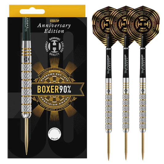 Harrows Boxer 90% Tungsten Steel Tip Darts Set. Available in 21g, 23g, & 25g - Includes Midi Supergrip Carbon shafts & New Anniversary 100 Micron Flights