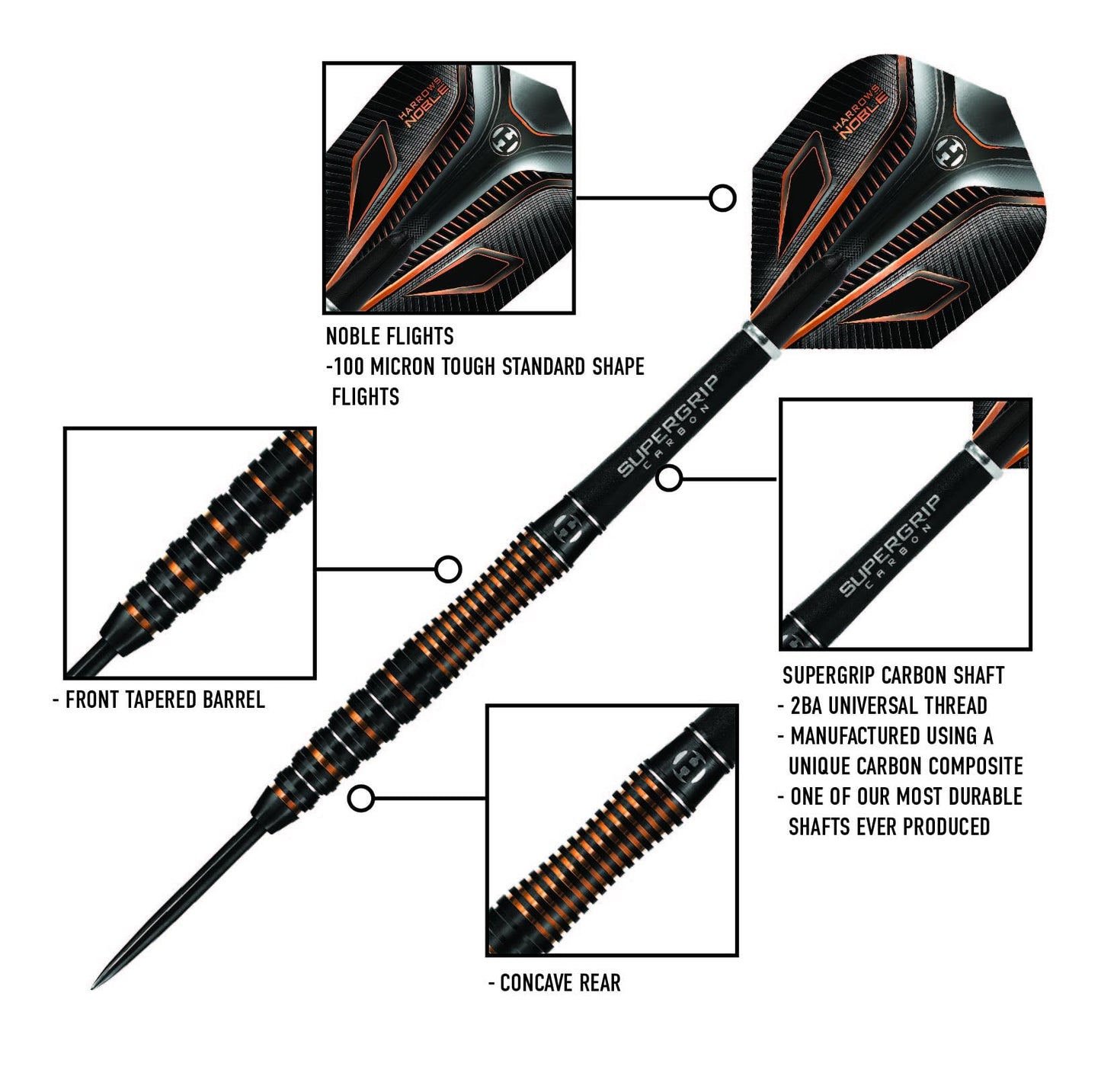 Harrows Noble 90% Tungsten Steel Tip Darts Set 22g, 23g, 24g & 25g - Includes Silver Supergrip Carbon Shafts & Micron Noble Flights
