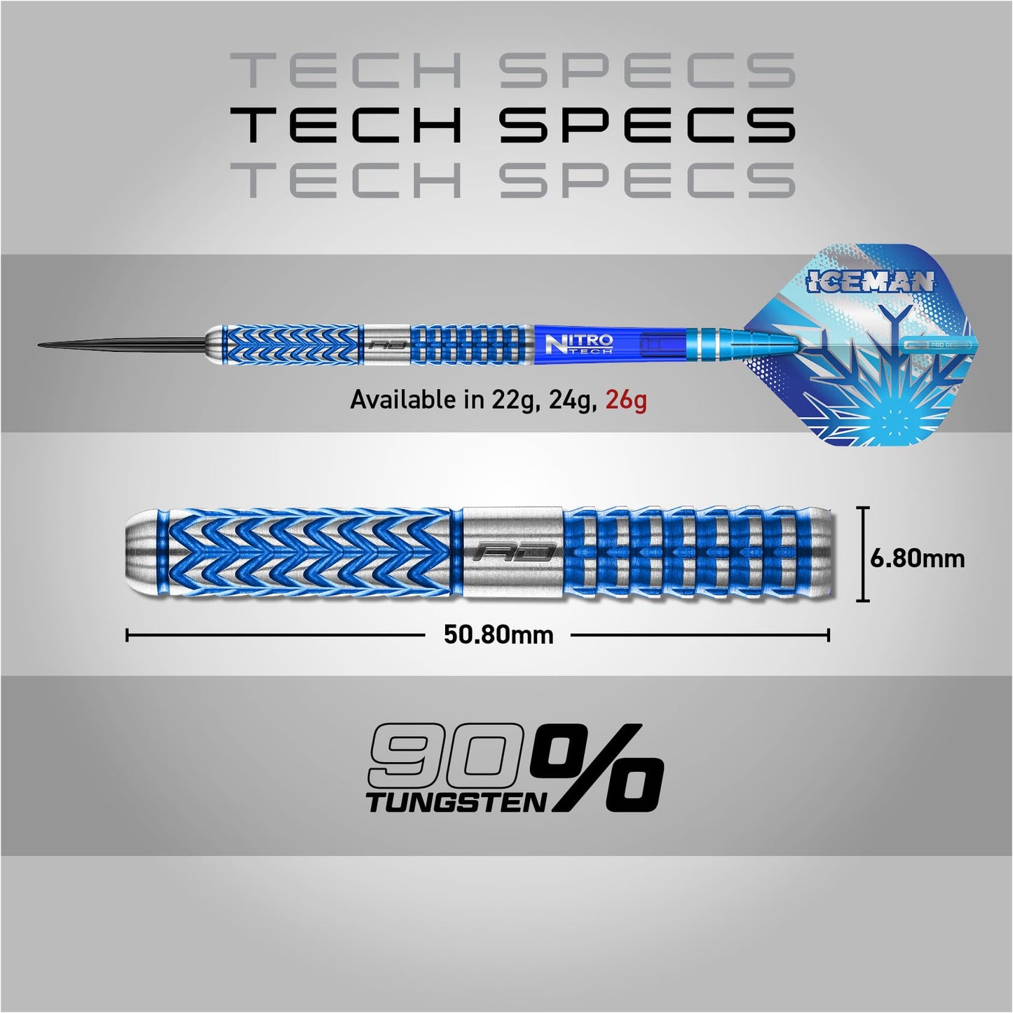 RED DRAGON Darts – Professional Player Gerwyn Price Iceman Glacier Series - 90% Tungsten Darts Set with Dart Flights and Dart Shafts (Stems) - Available in Soft Tip 18g and Steel Tip 22g, 24g & 26g