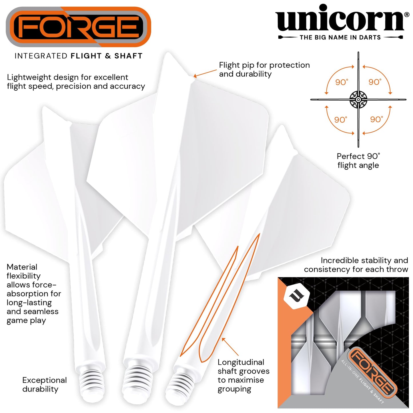 Unicorn Forge Integrated Dart Flights & Shafts | 1 Piece Construction for Perfect 90˚ Angle | Lightweight Tough Polymer | Standard Plus Shape & 2BA Thread | Medium Length Stem 26 mm |