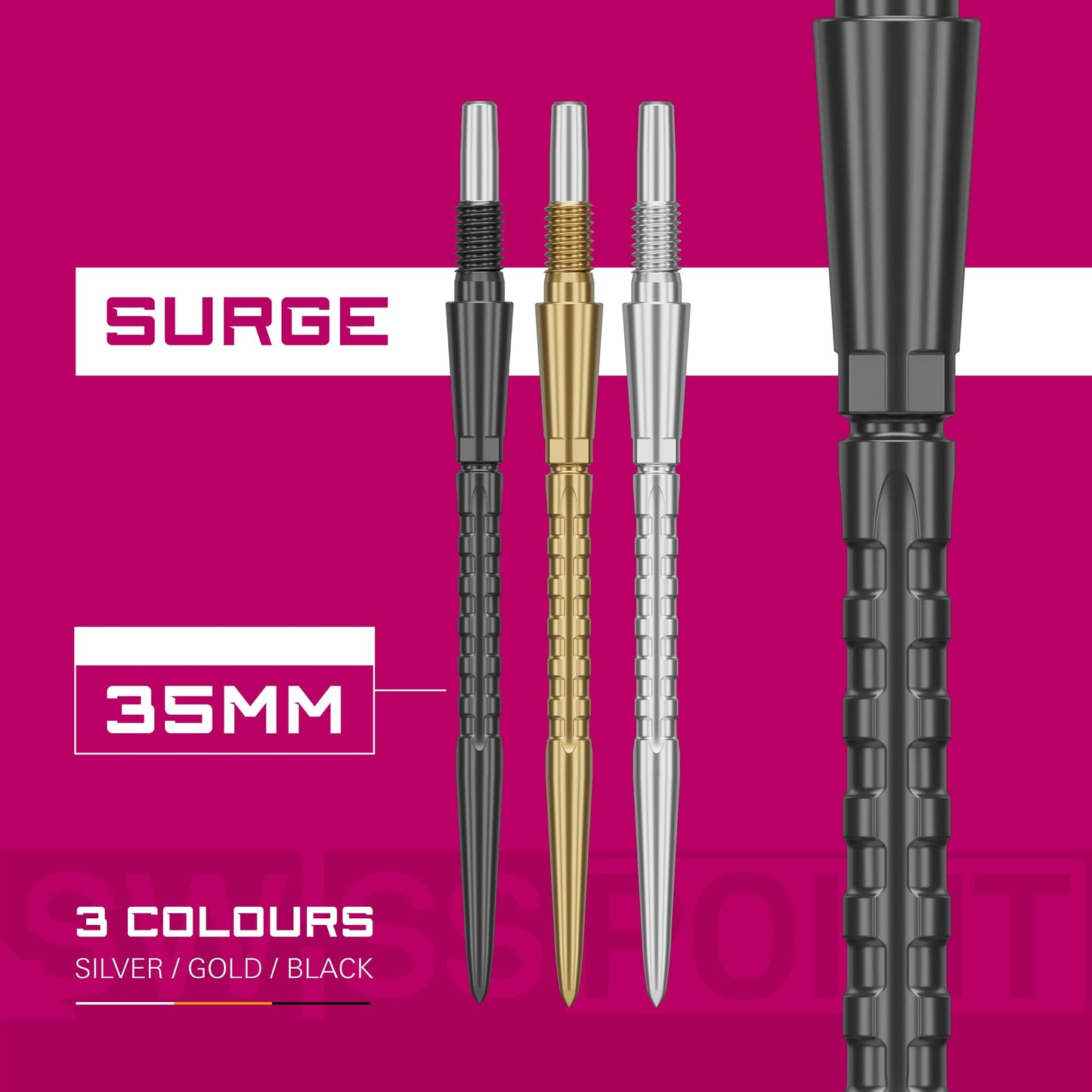 TARGET Darts Swiss Point Storm Dart Points, Surge (3 Pack Set of Tips) 26MM/30MM/35MM – Gold/Silver/Black | Change Dart Points, Swiss Storm Points, Professional Darts Accessories