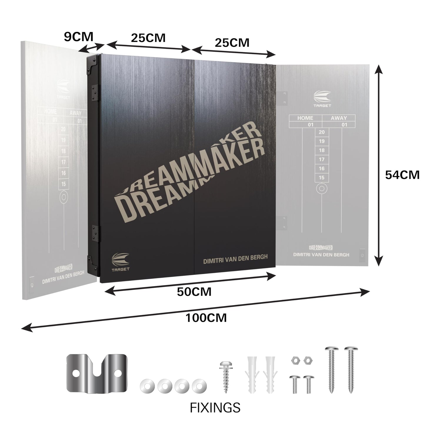 Target Darts Player Dartboard and Cabinet Set | Luke Littler/Dimitri Van den Bergh/Gabriel Clemens | Dart Board Cupboard with 2 Sets of Steel Tip Darts, Score Charts, Competition Standard Throw Line