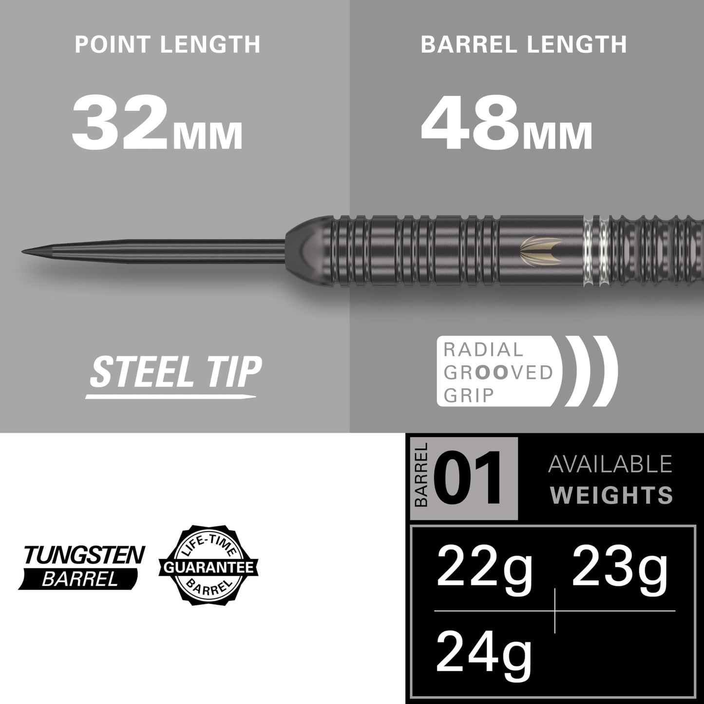 TARGET Darts Ares 22G/23G/24G Tungsten Steel Tip Darts Set | 6 Pro Grip Shafts | 9 Pro Ultra Flights | Dart Wallet Bundle