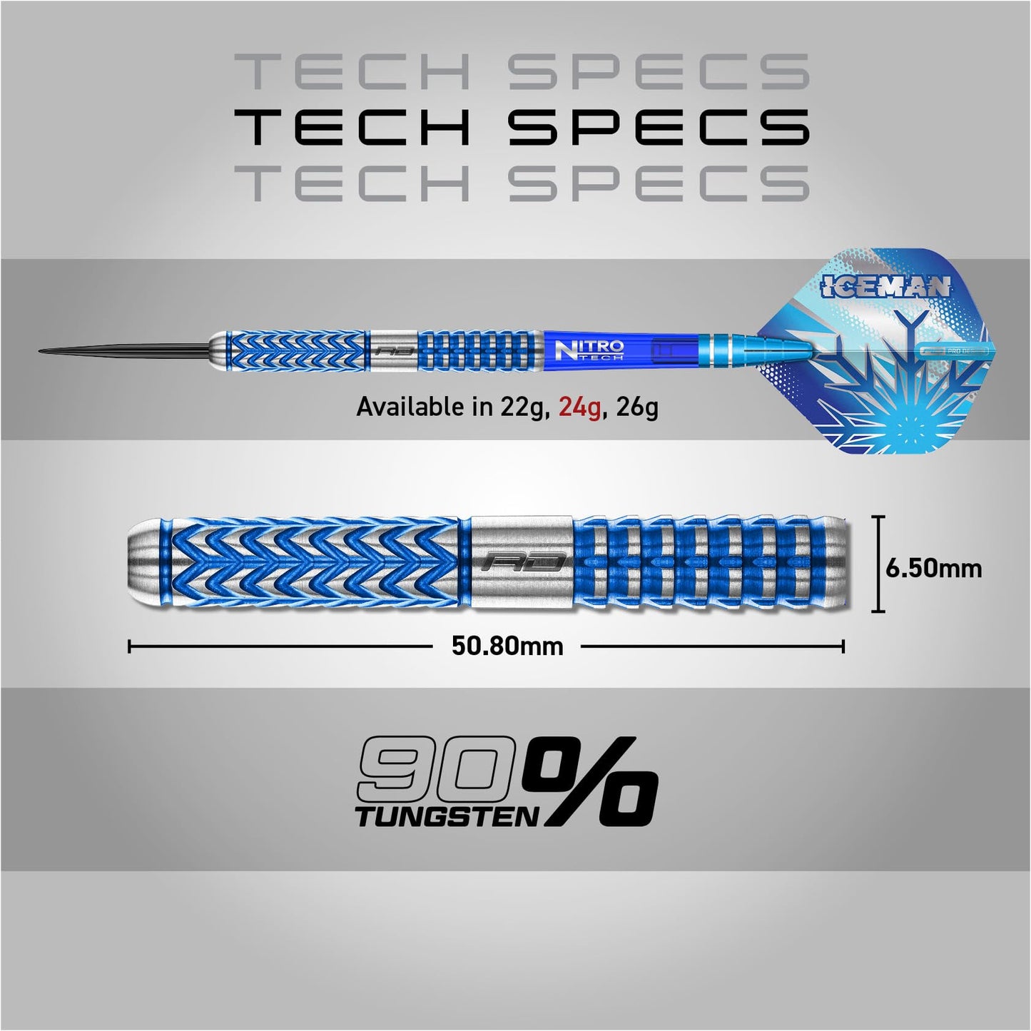 RED DRAGON Darts – Professional Player Gerwyn Price Iceman Glacier Series - 90% Tungsten Darts Set with Dart Flights and Dart Shafts (Stems) - Available in Soft Tip 18g and Steel Tip 22g, 24g & 26g