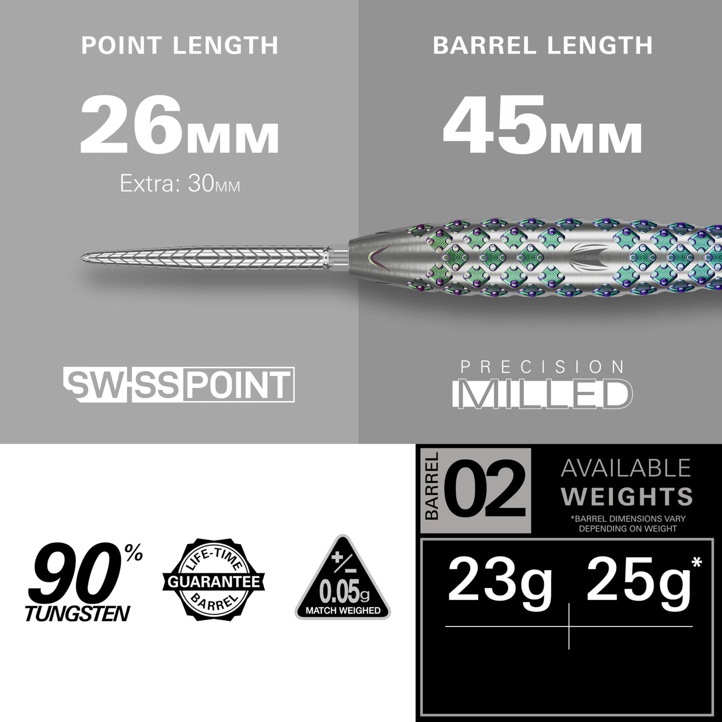 TARGET Darts Rove Steel Tip Swiss Point Darts, 90% Tungsten Dart Set | Steel Tip Dart, Green & Silver Darts, Professional Dart Set with Swiss Points & Tool | Barrel 01/02/03 –22G/23G/24G/25G