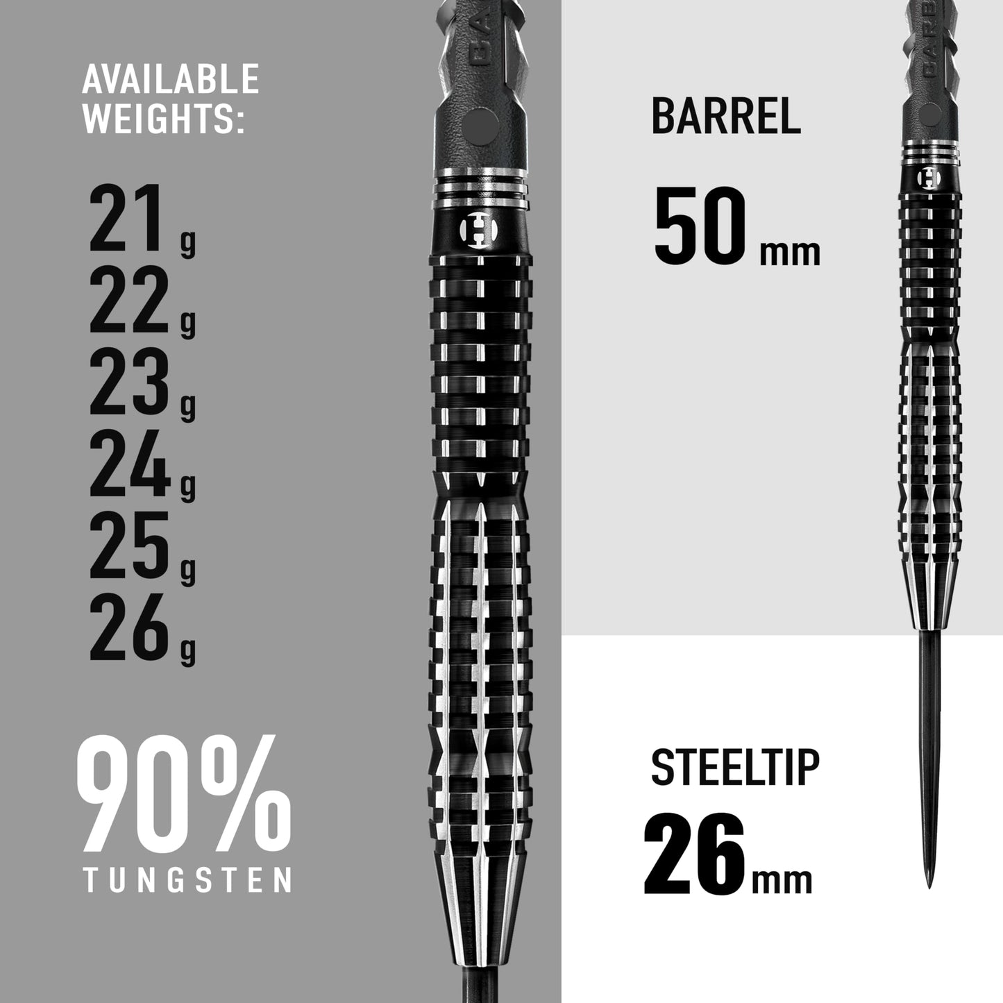Harrows Black Knight 90% Tungsten Steel Tip Darts Set, 21g - 26g - Includes Black Carbon ST Midi Shafts & Micron Black Knight Flights