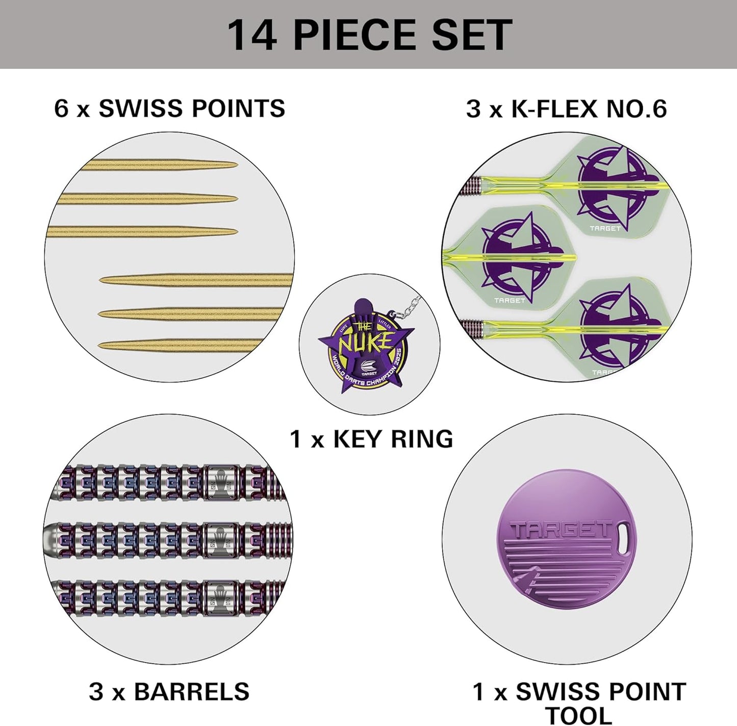 TARGET Darts Luke Littler World Champion Steel Tip Swiss Point Darts, 90% Tungsten Dart Set, 23G | The Nuke 2025 Special Edition K-Flex, Key Ring, Spare SLK Swiss Points and Premium Tool Included