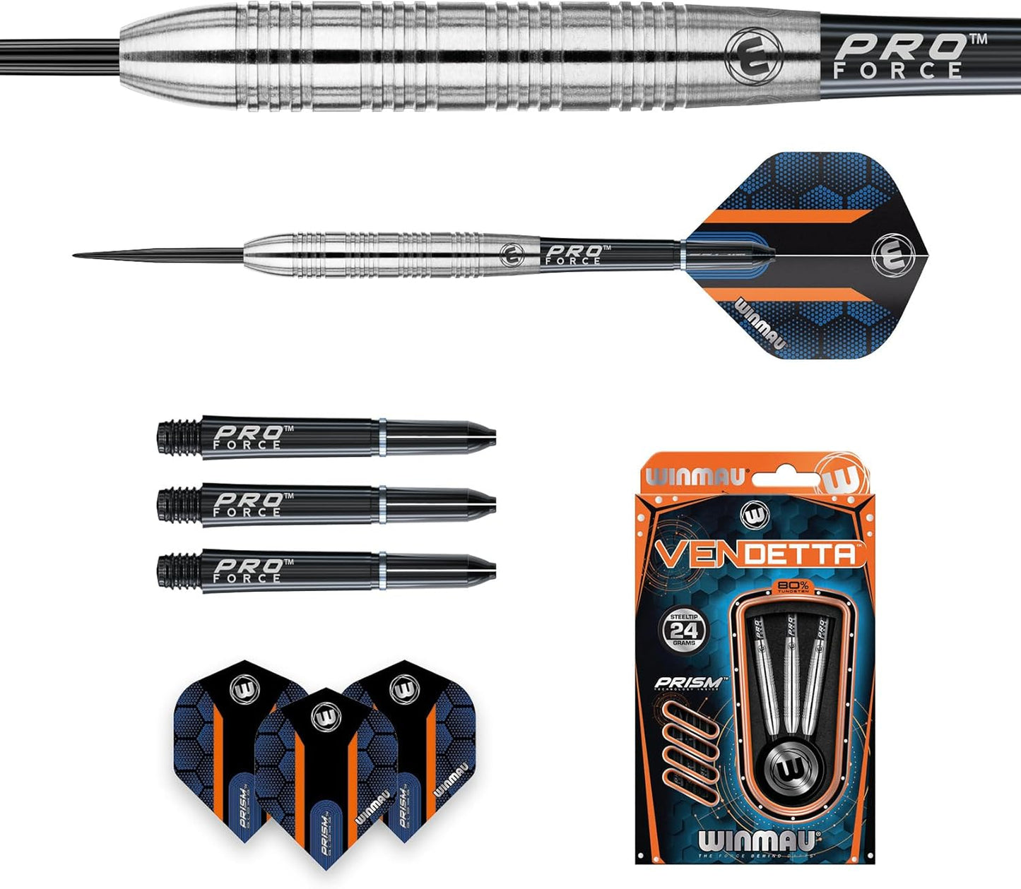 WINMAU Darts - Vendetta 24g 80% Tungsten Darts Set – High-Density Tungsten Dart Construction, Precision Steel Tips, Flights – Professional Dart Set - Competitive Play & Practice